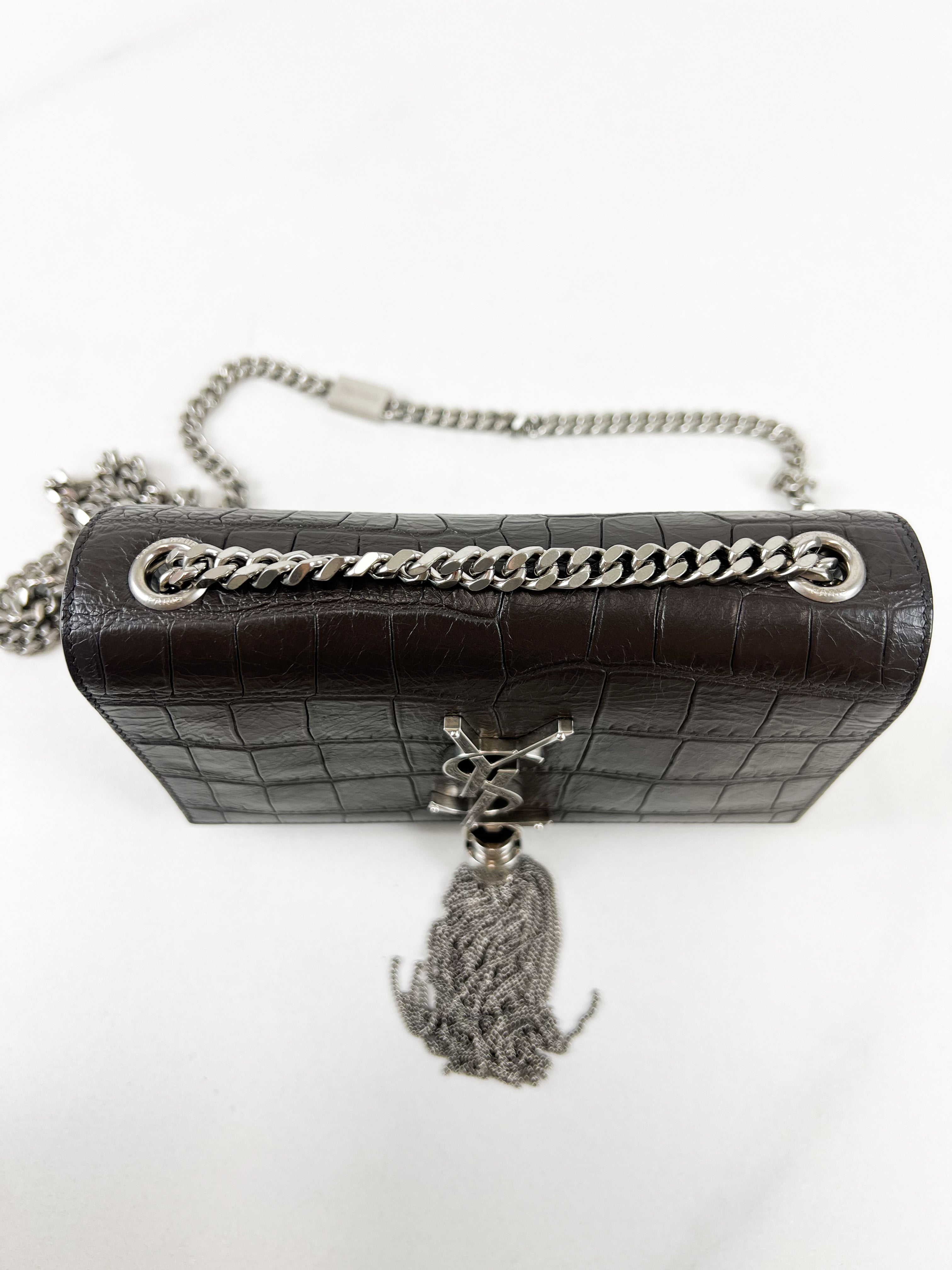 Saint Laurent Mini Kate Croc Embossed with SHW Tassel in Charcoal Brown