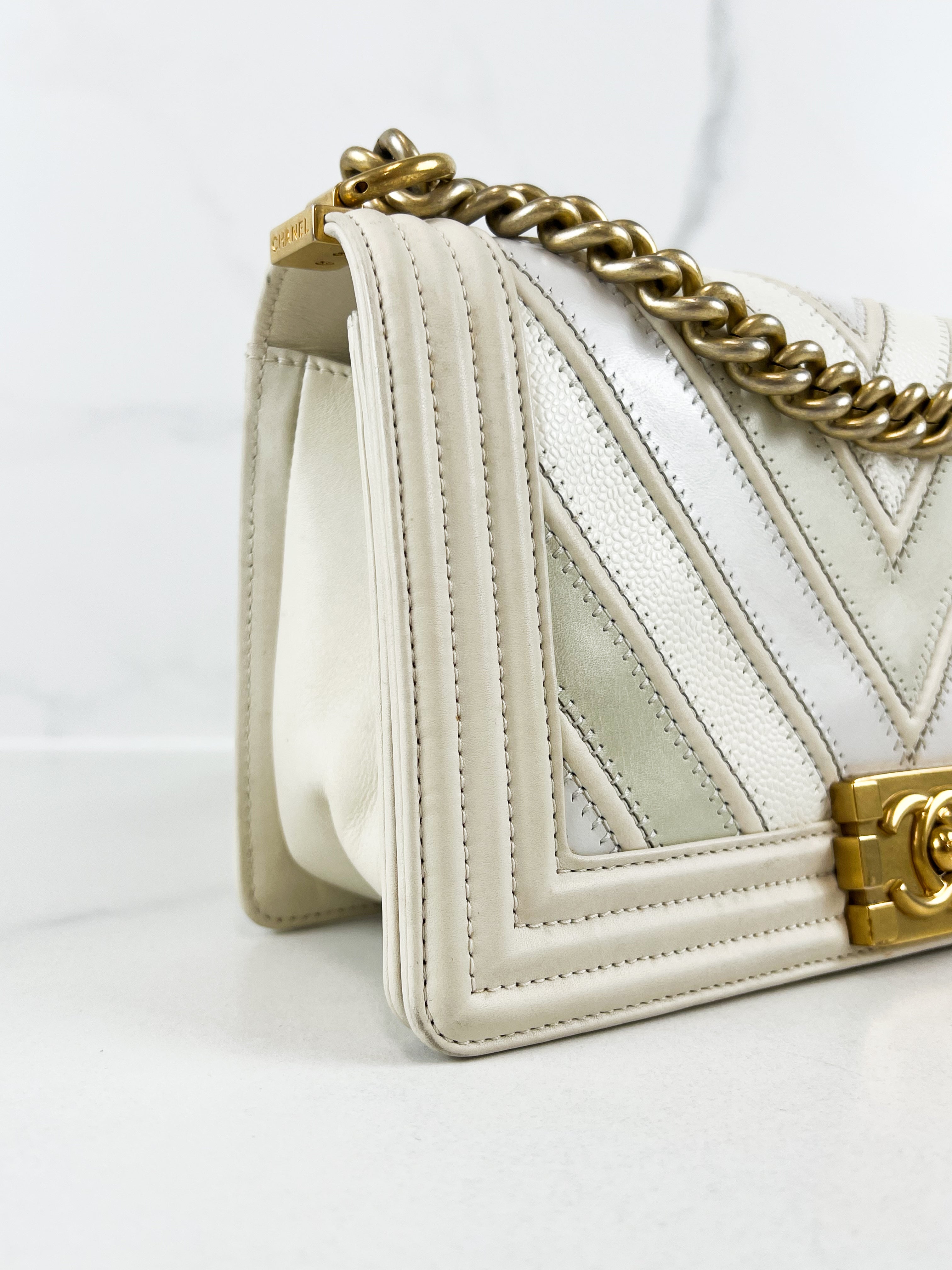 Chanel Old Medium Boy Bag in White Chevron Calfskin with Vintage GHW