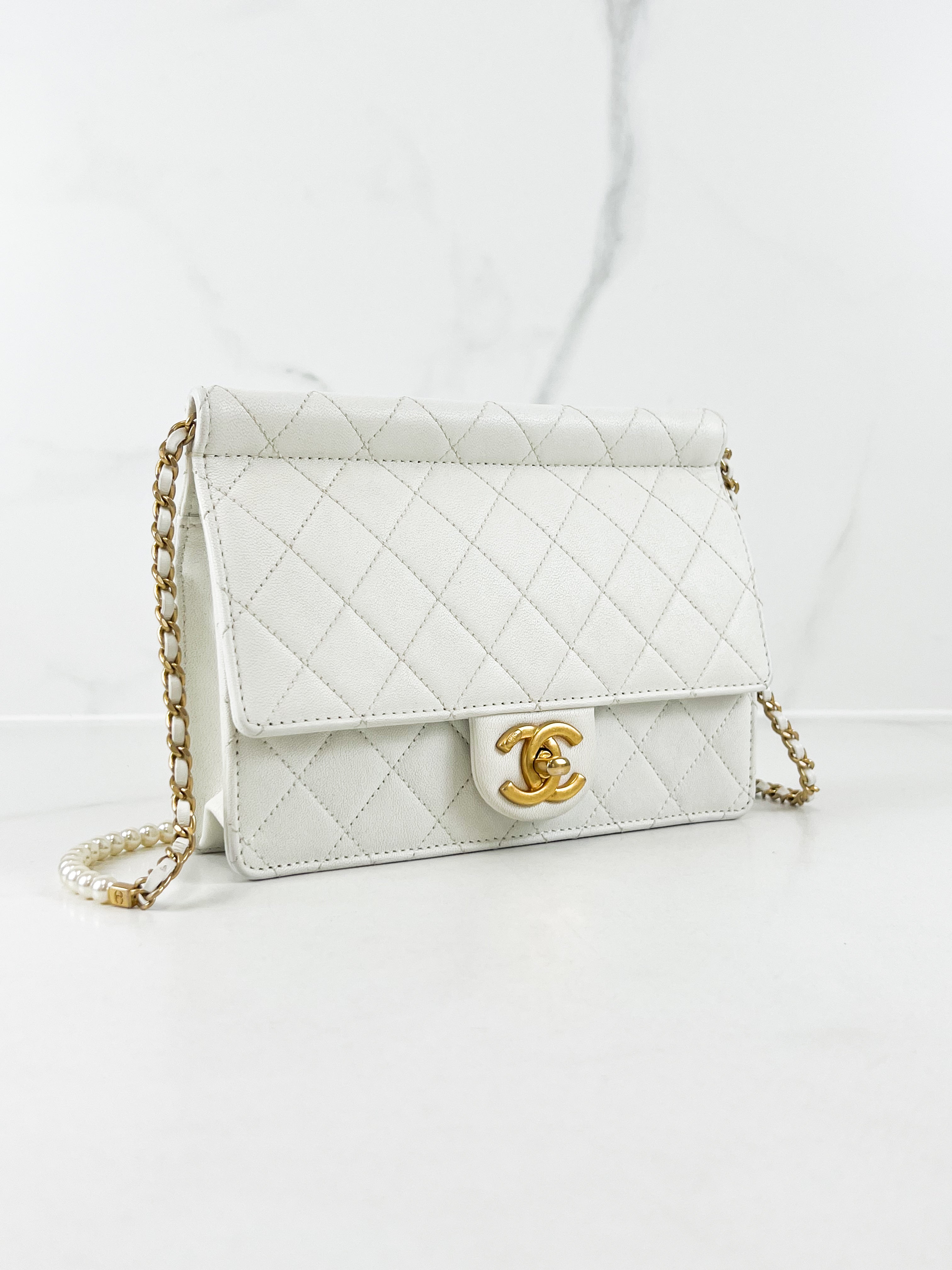 Chanel White Pearl Chain Flap