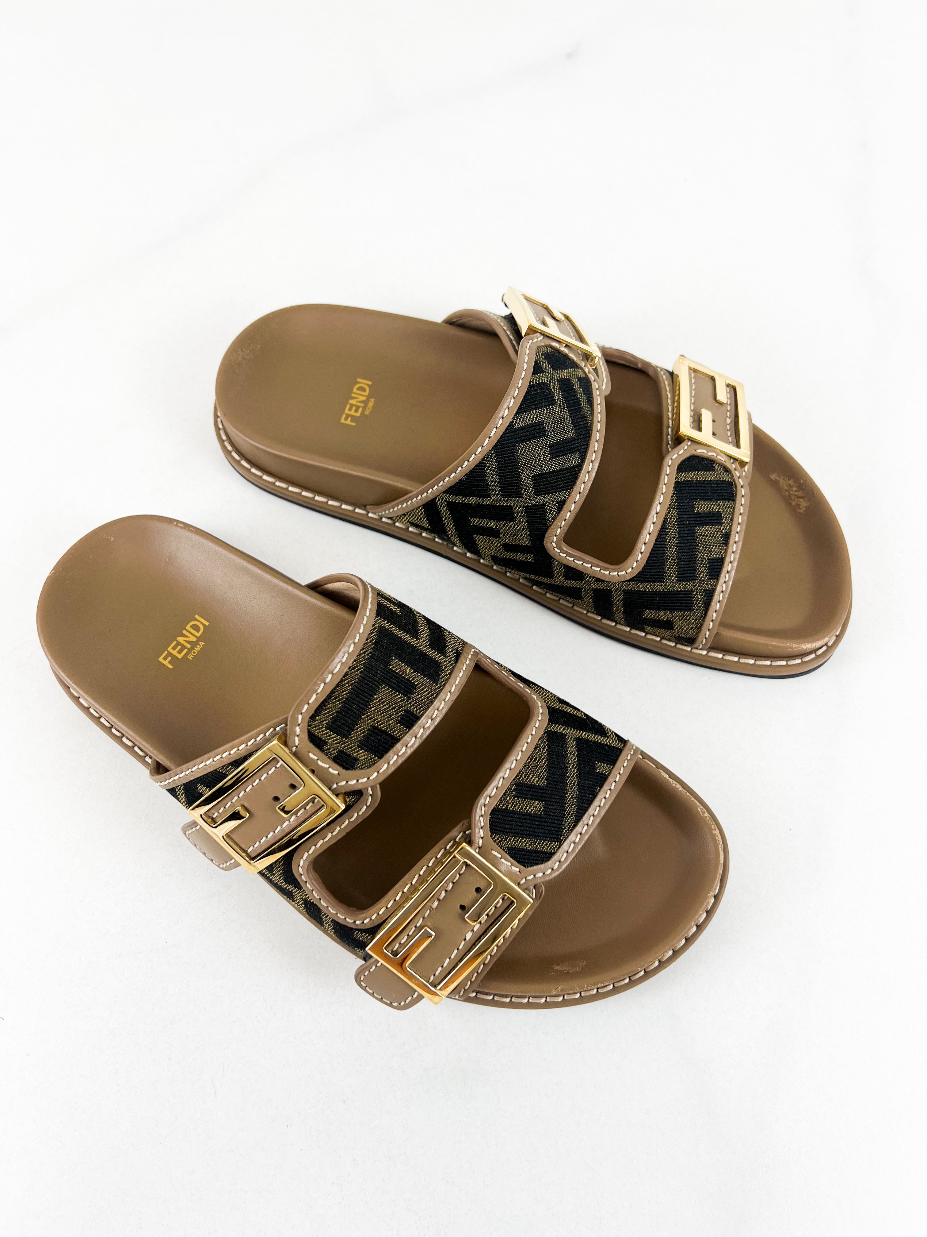 Fendi FF Fabric & Calf Leather Slides Size 38