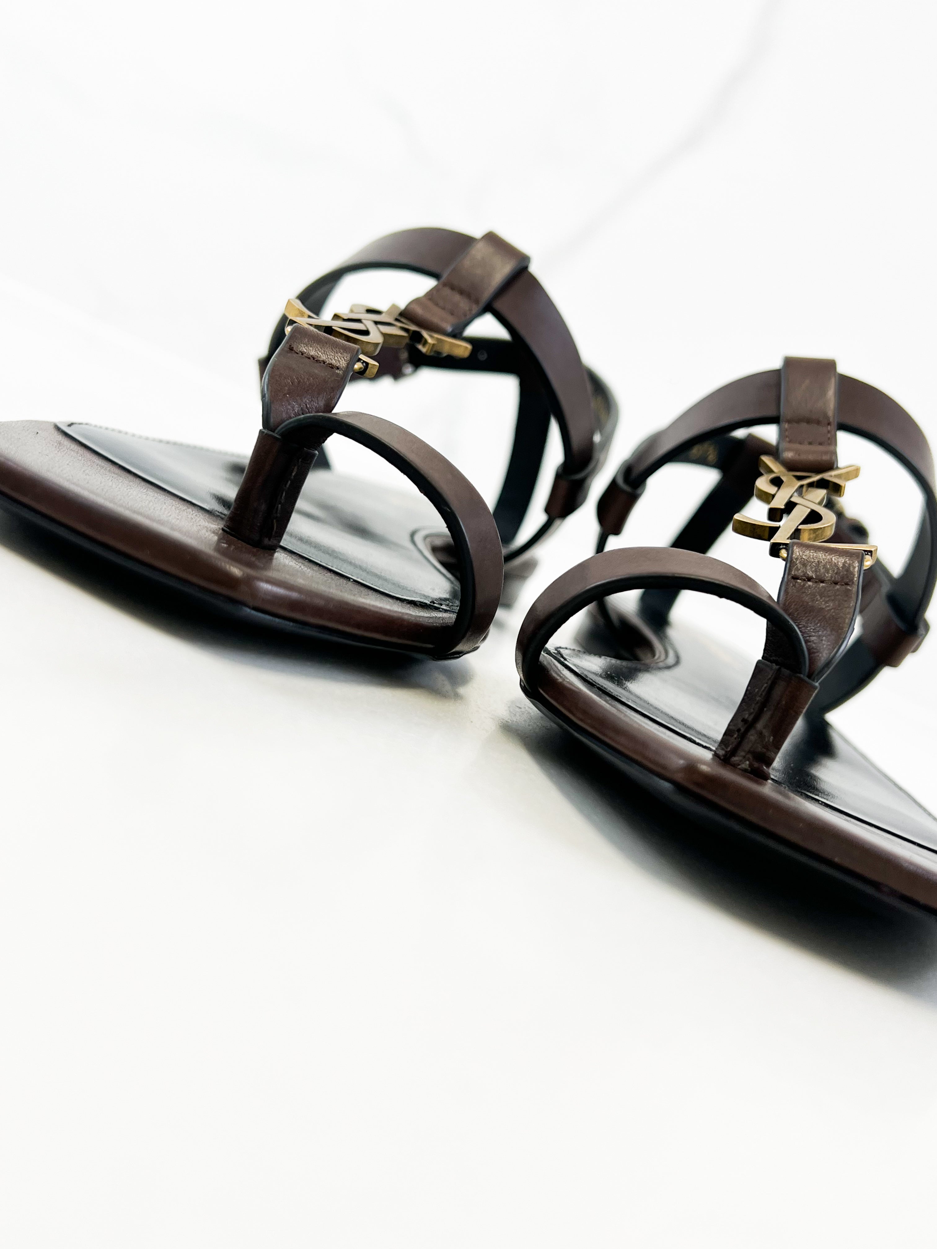 Saint Laurent Cassandra Flat Sandal in Chocolate Patent Leather 37.5