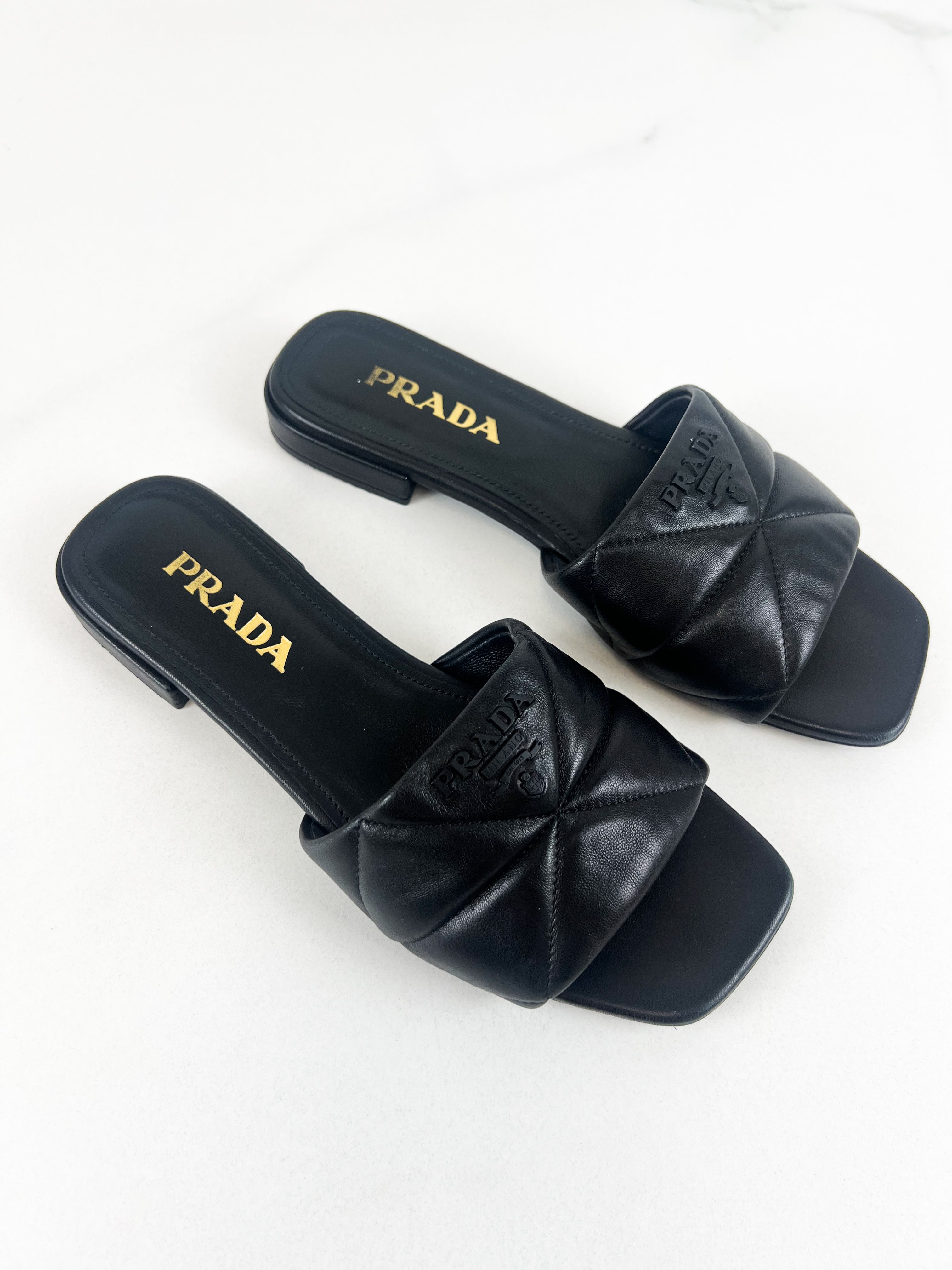 Prada Quilted Nappa Leather Slides in Black Size 38.5