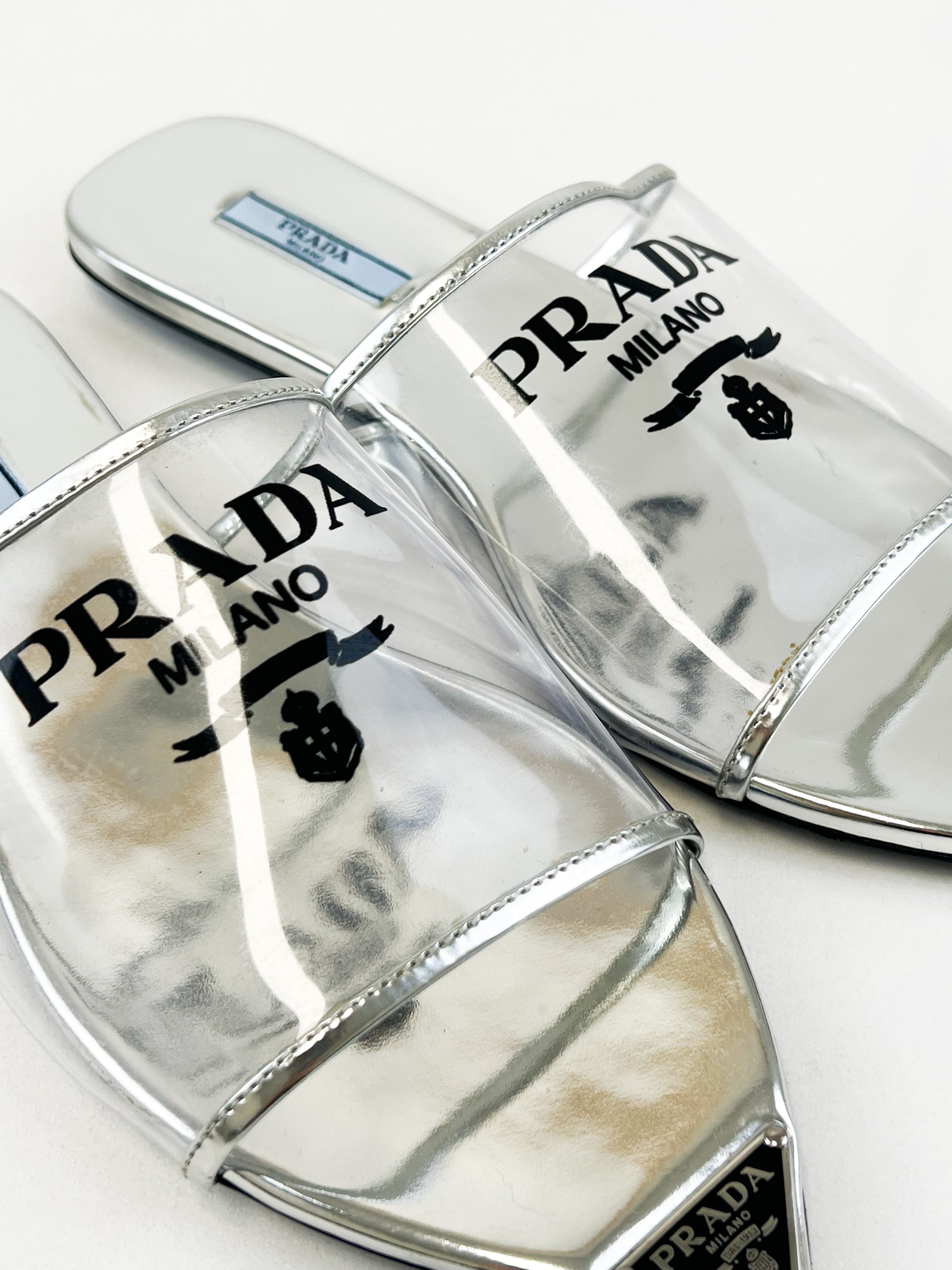 Prada Leather Silver PVC Slides Size 38