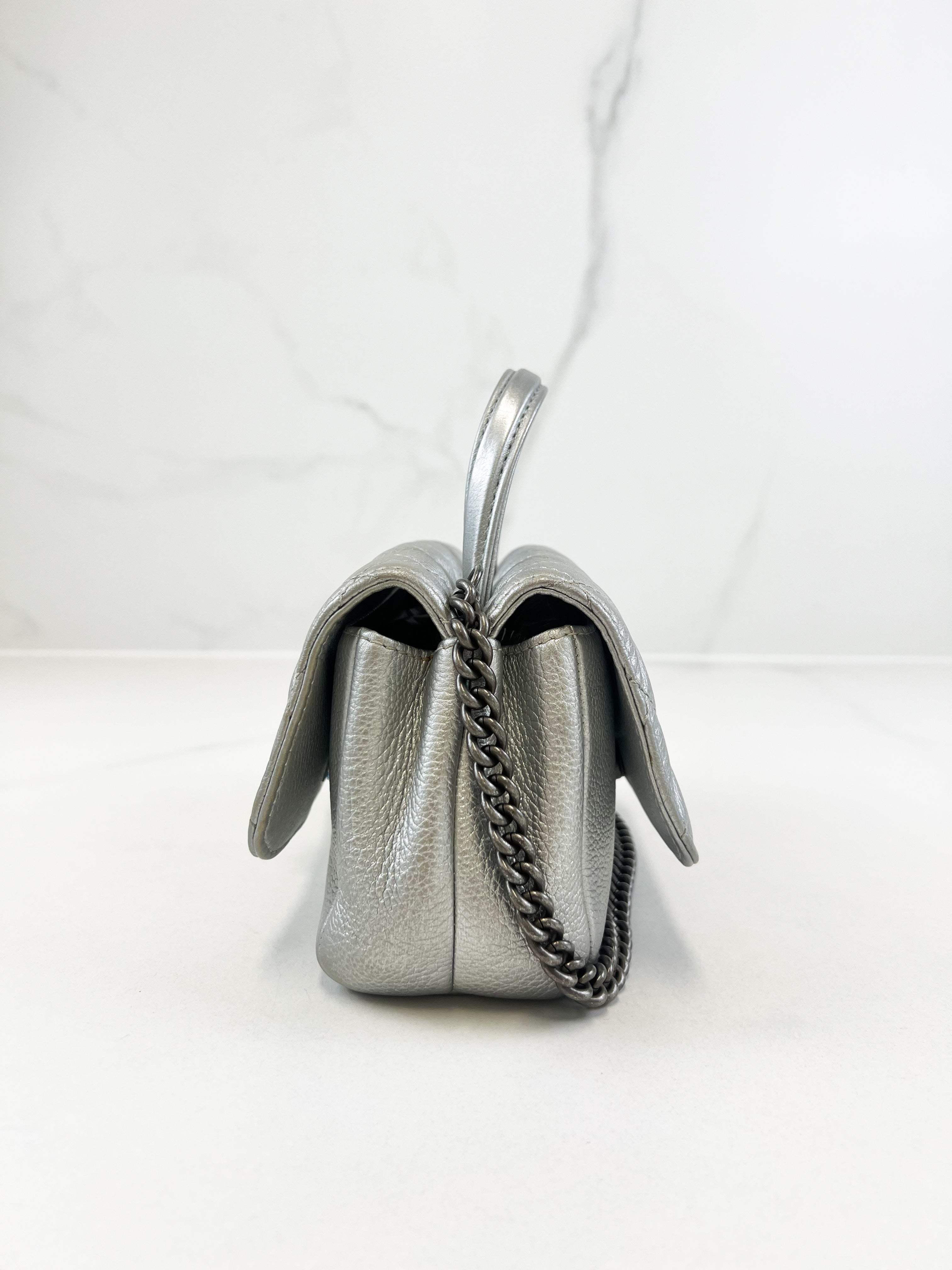 Chanel Quilted Caviar Mini Coco Silver Top Handle Bag