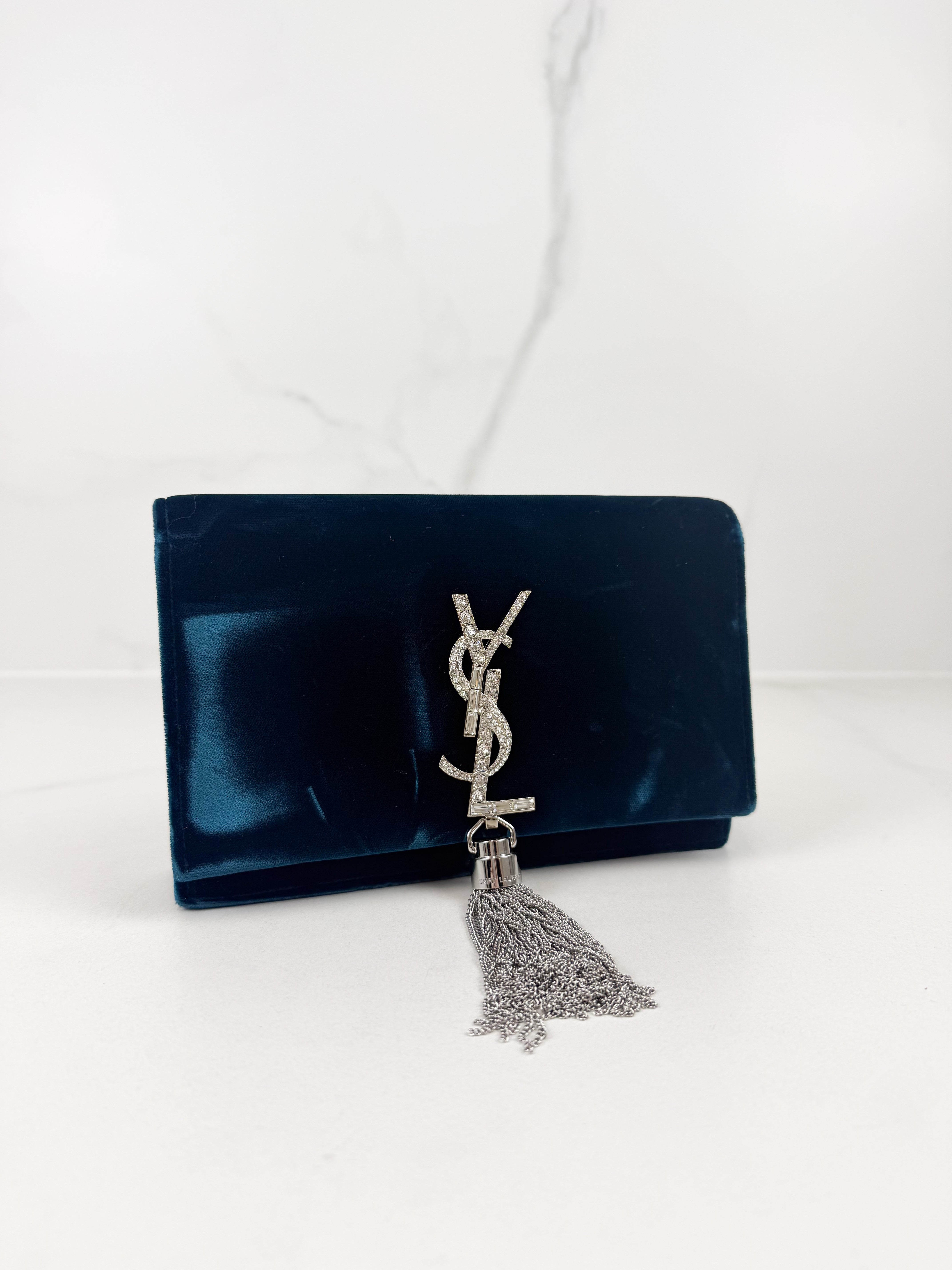 Saint Laurent Velvet Crystal Monogram Kate Tassel Chain Wallet in Blue
