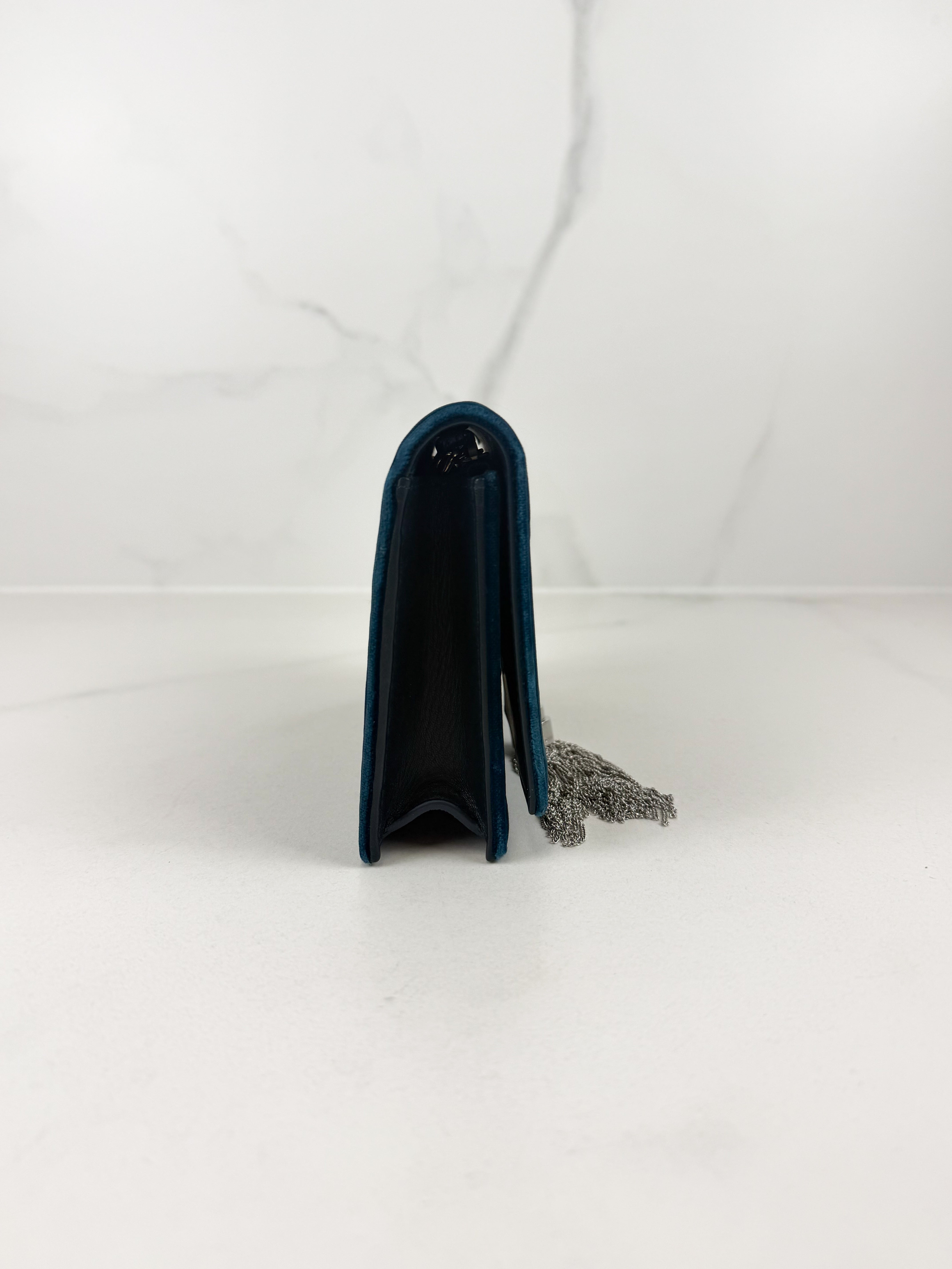 Saint Laurent Velvet Crystal Monogram Kate Tassel Chain Wallet in Blue