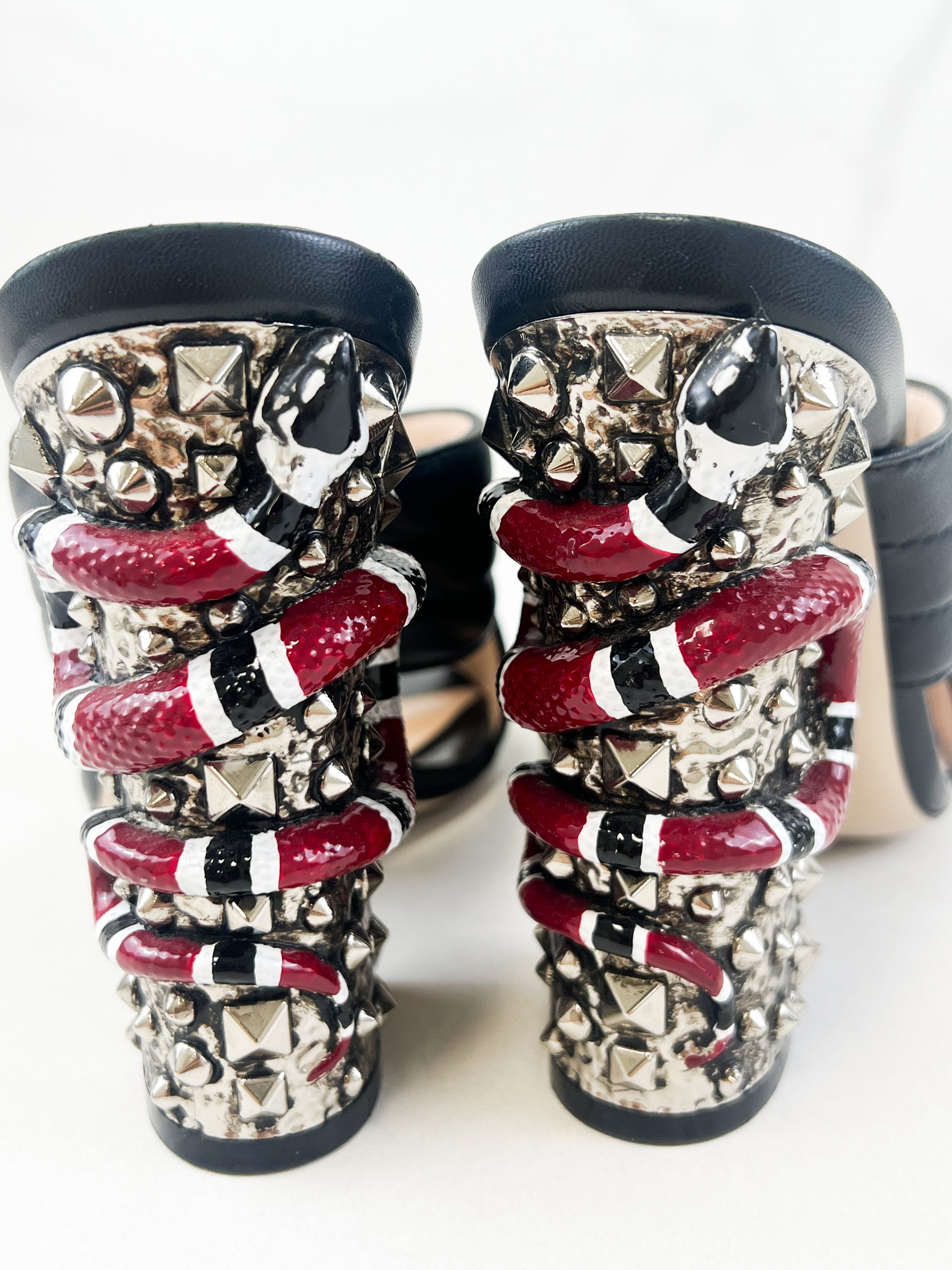 Gucci Webby Quilted Leather Snake Heel Mules Size 38