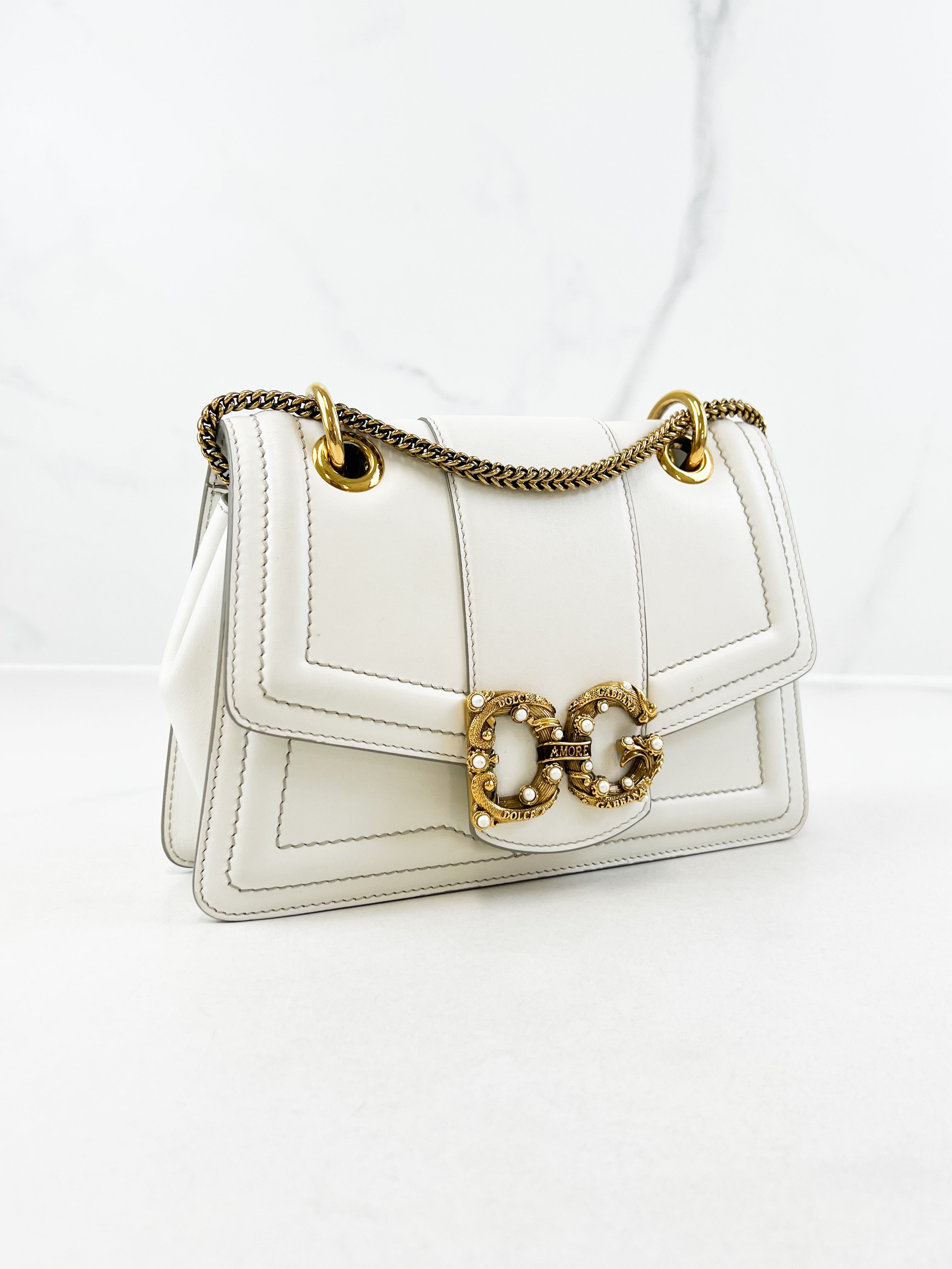 Dolce & Gabbana Amore Chain Shoulder Bag in White with GHW