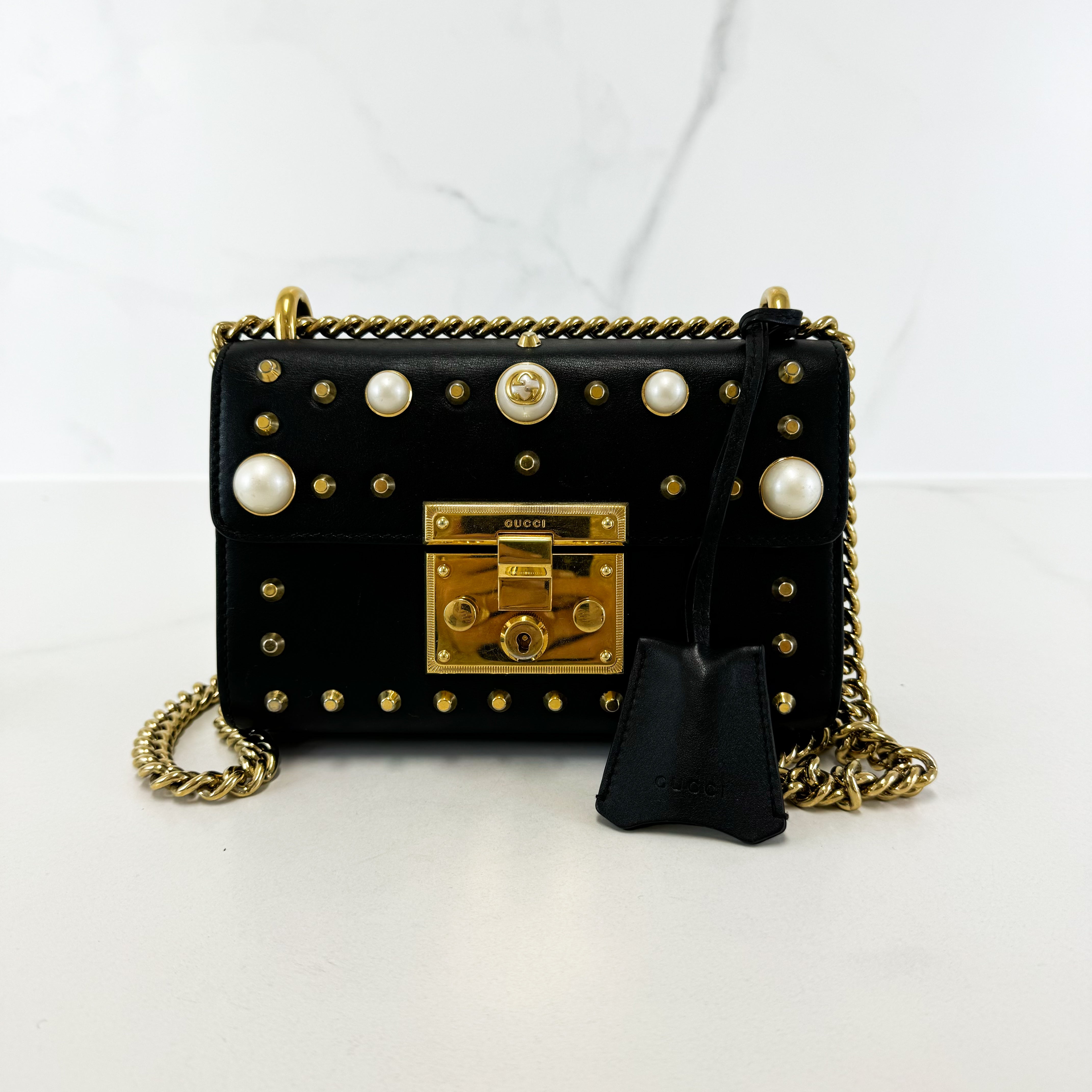 Gucci GG Black Pearl Stud Padlock Shoulder Bag