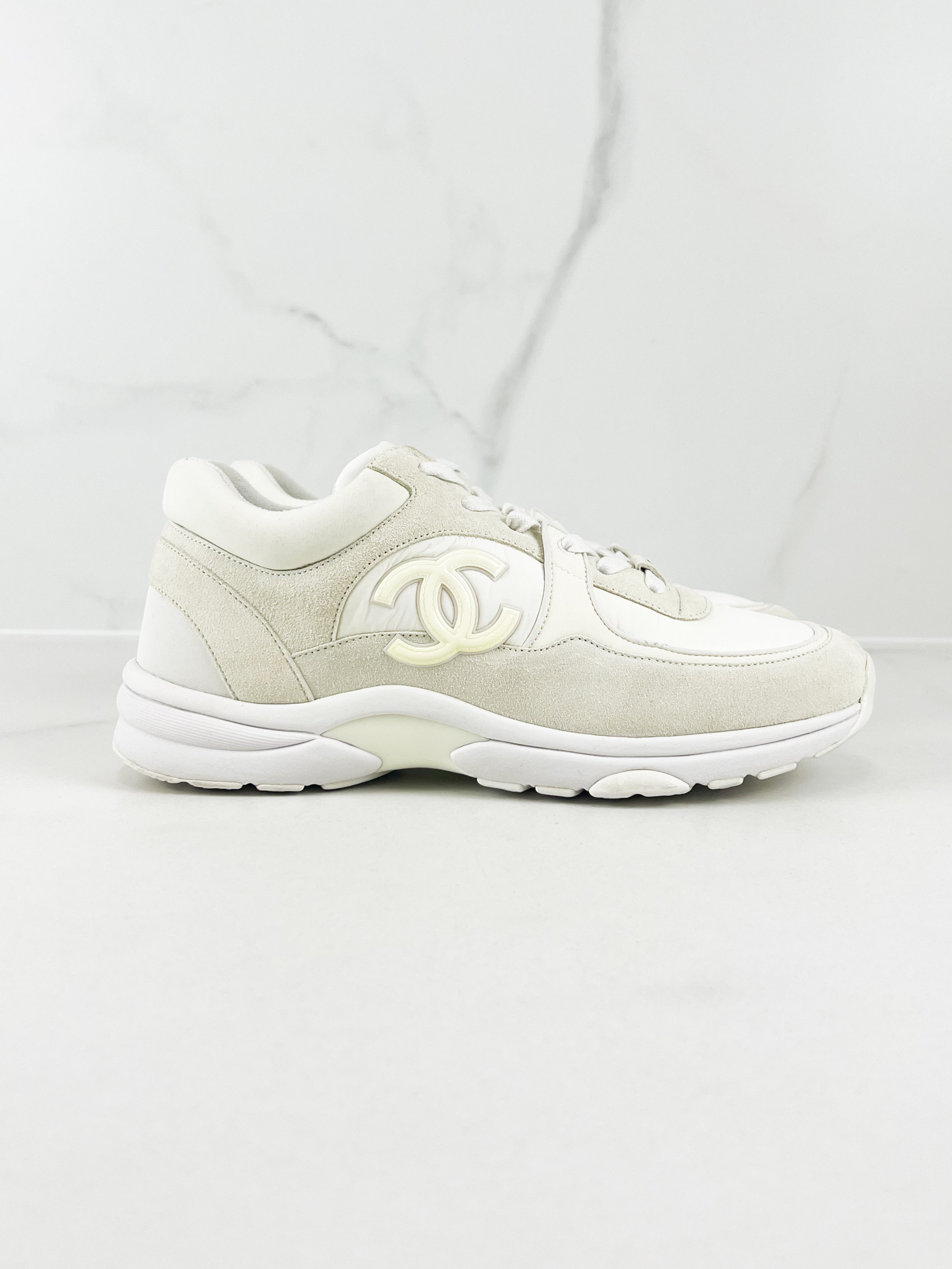 Chanel CC White Reflective Sneakers in Size 39.5