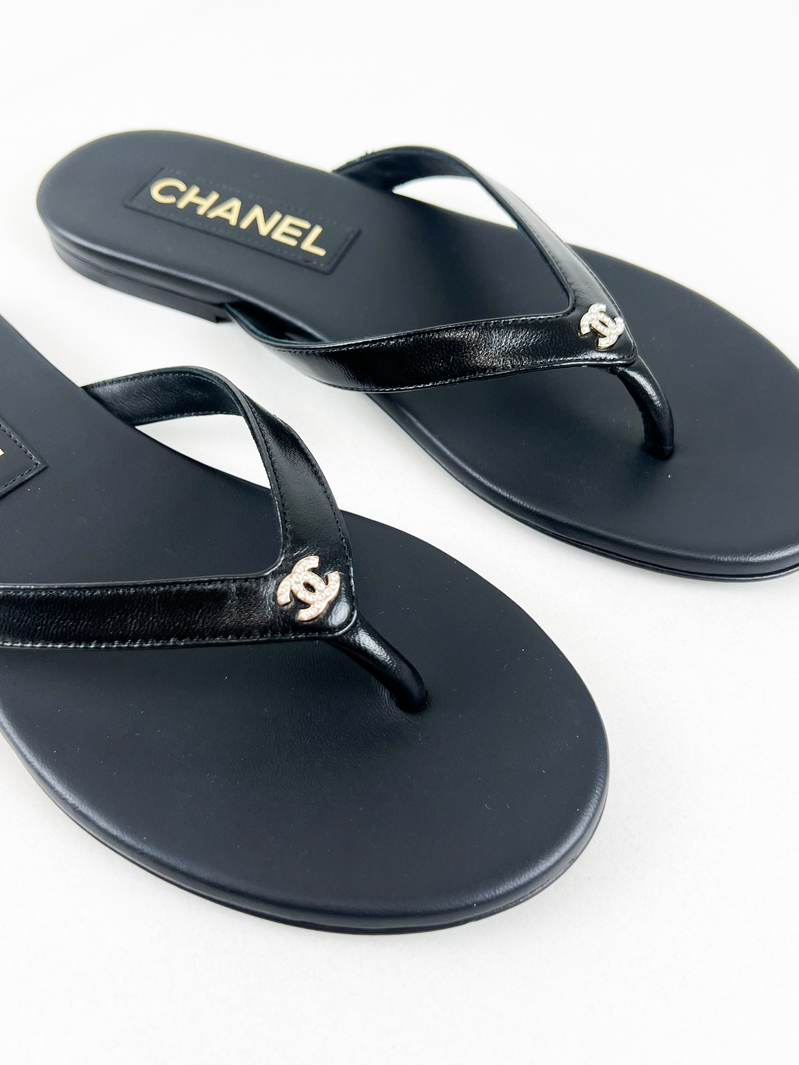Chanel Shiny Lambskin Crystal CC Thong Sandal Size 36C