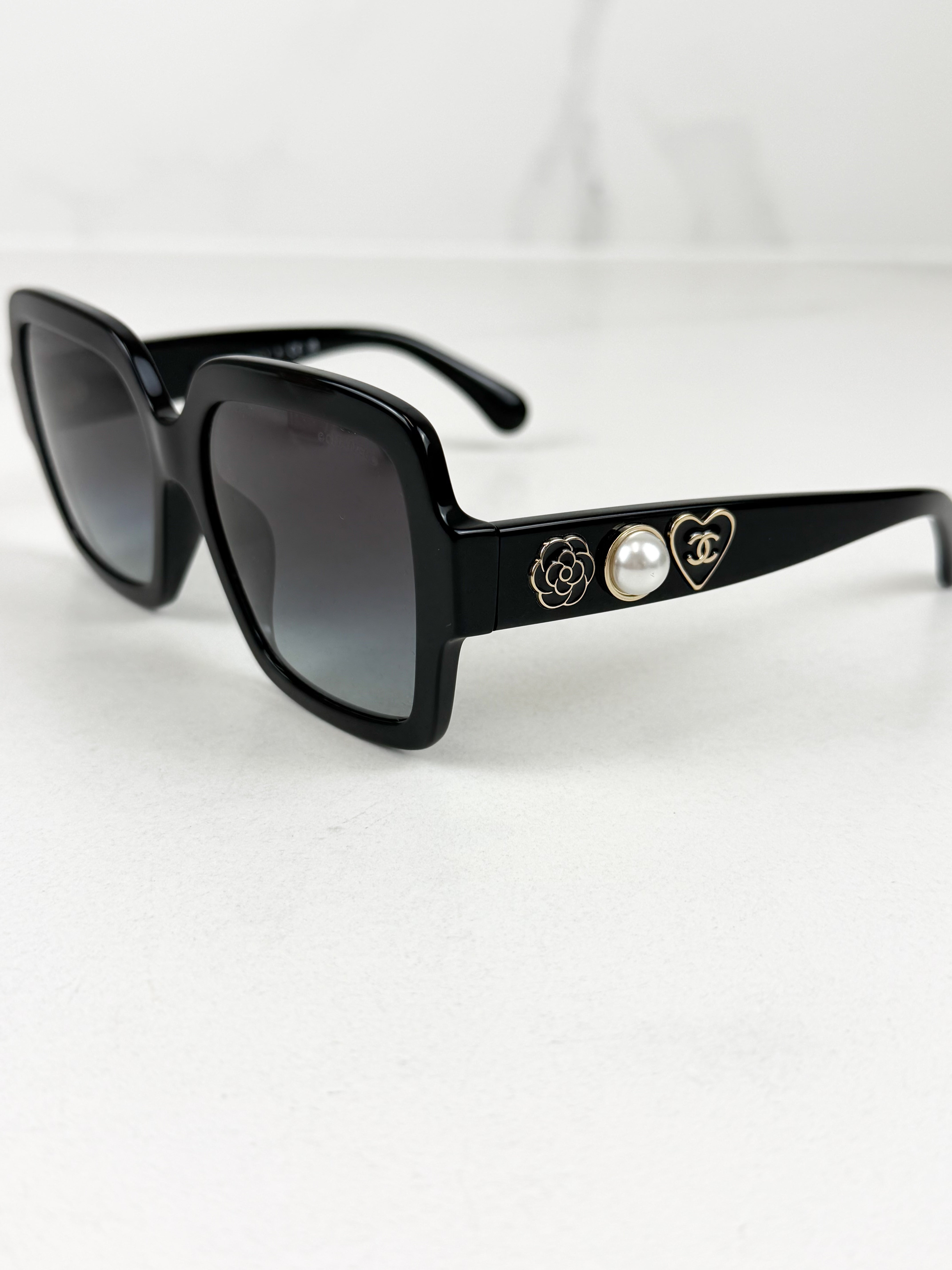 Chanel Black Acetate Charms Pearl Square Sunglasses 5479-A