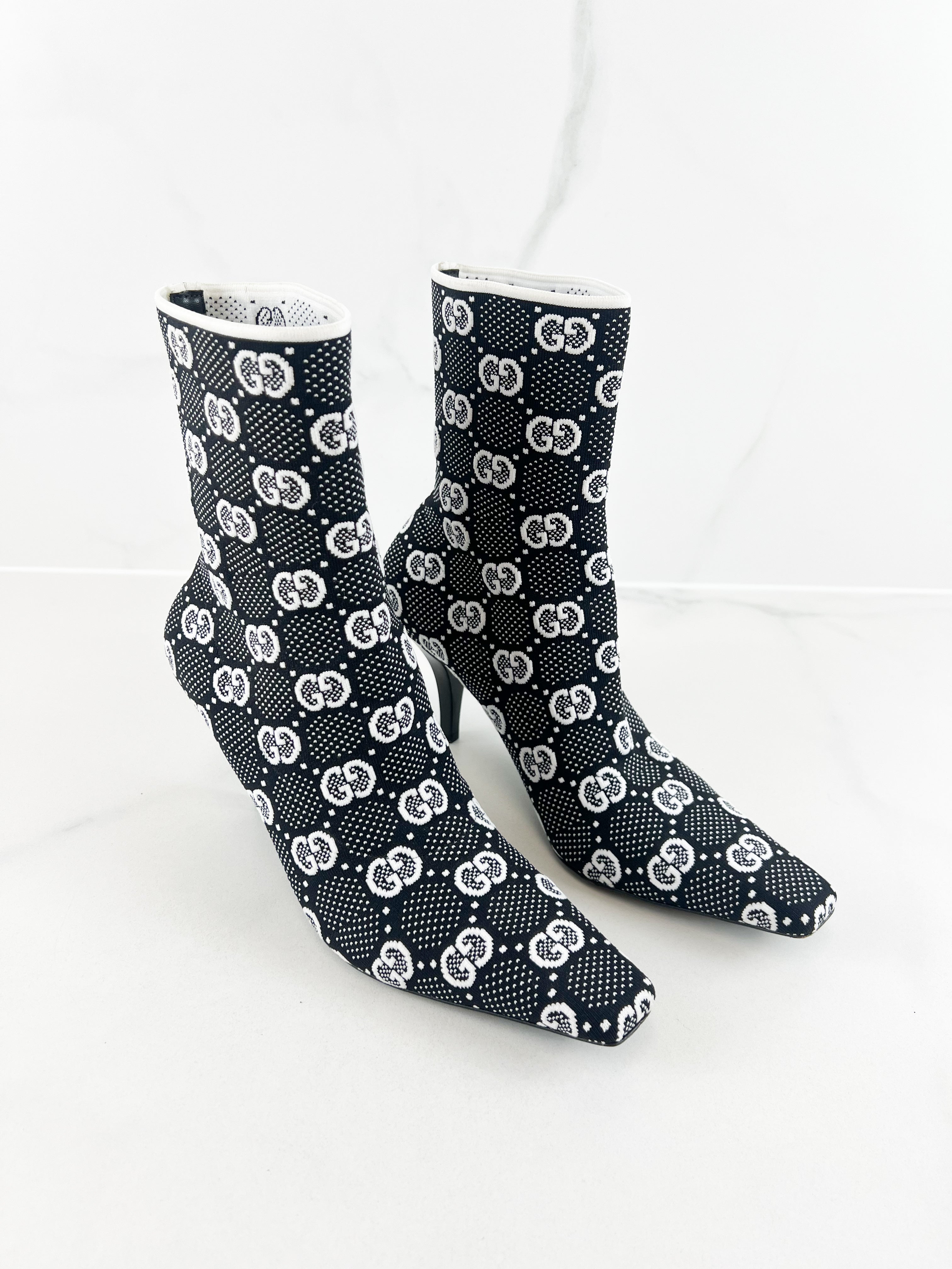 Gucci GG Logo Knit Ankle Boots in Black & White Size 39