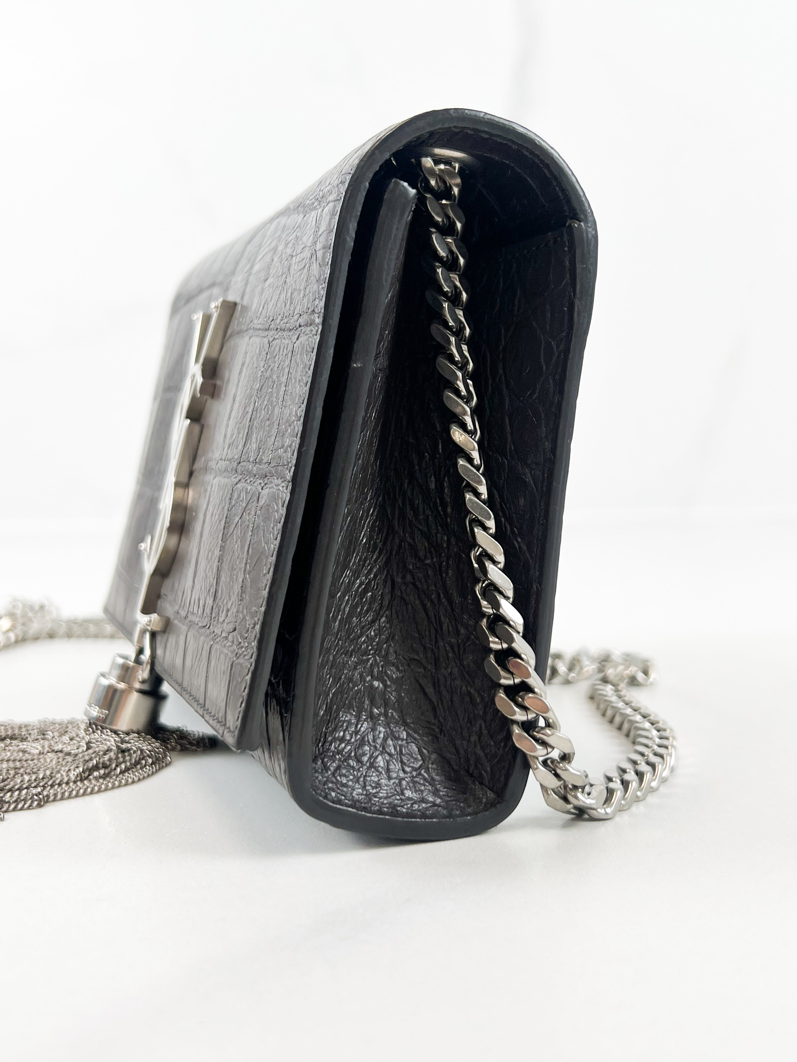 Saint Laurent Mini Kate Croc Embossed with SHW Tassel in Charcoal Brown