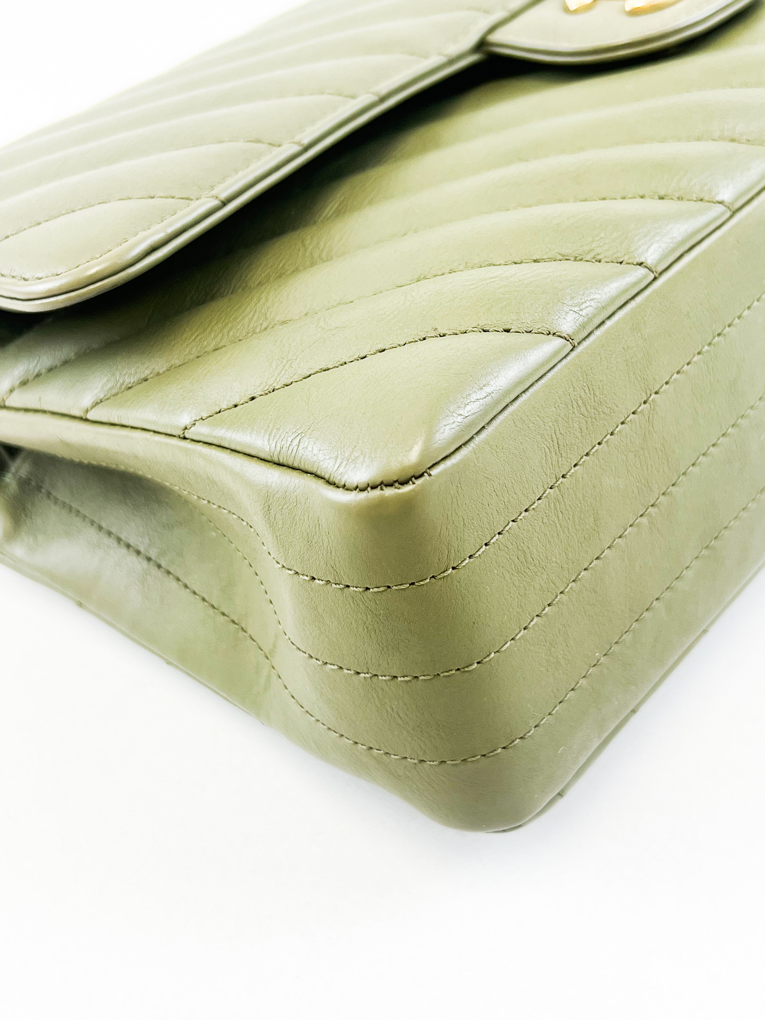 Chanel CC Medium Calfskin Olive Green Classic Double Flap Shoulder Bag GHW