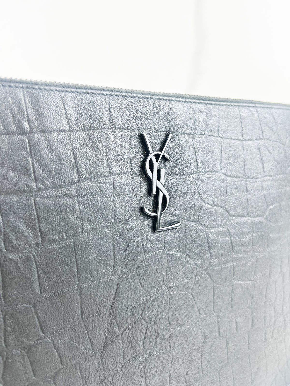 Saint Laurent Croc Embossed Pouch with Black Hardware