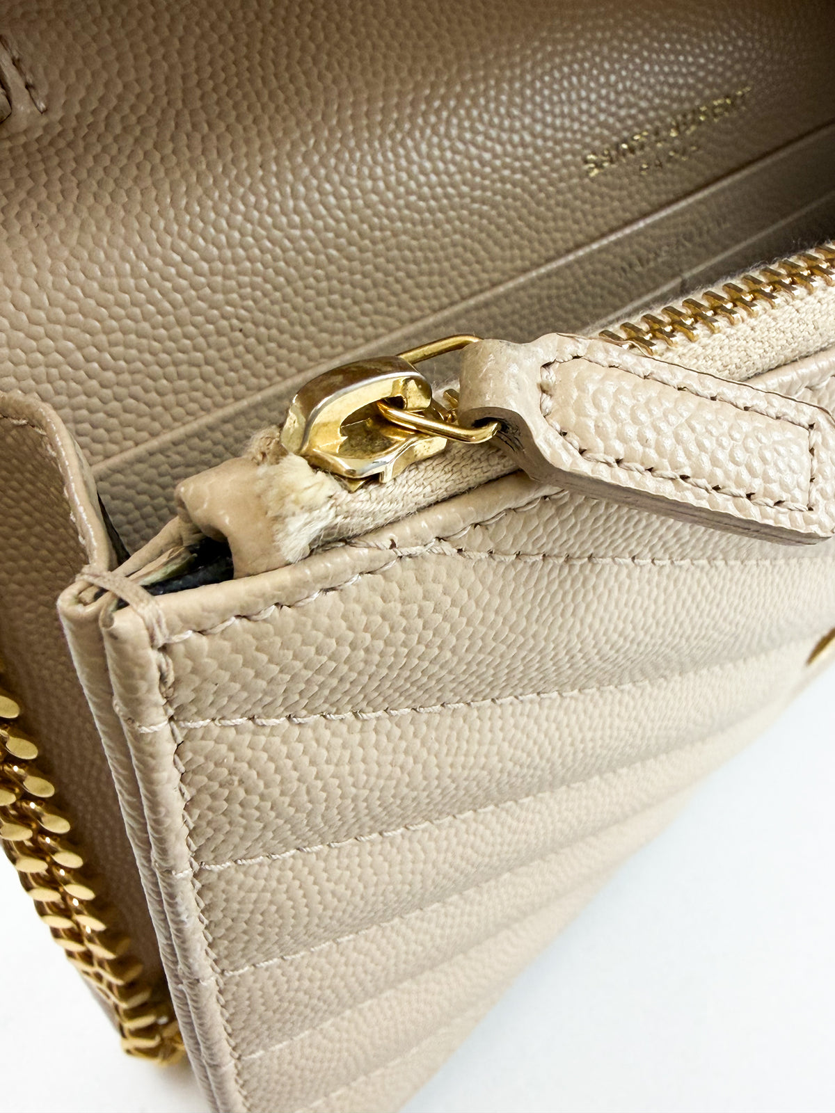 Saint Laurent Dark Beige Cassandre Envelope WOC in Grain De Poudre Leather with GHW