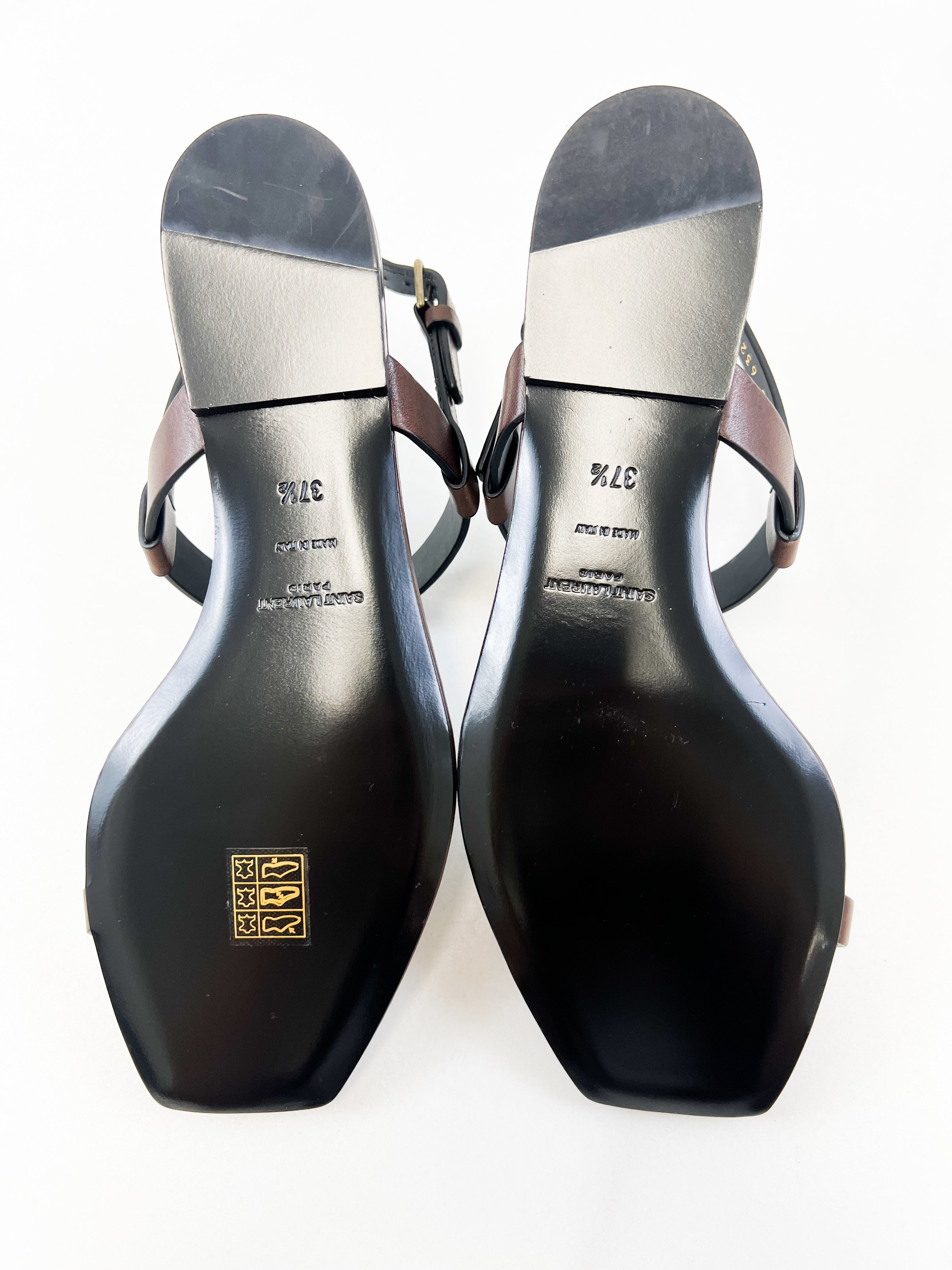 Saint Laurent Cassandra Flat Sandal in Chocolate Patent Leather 37.5