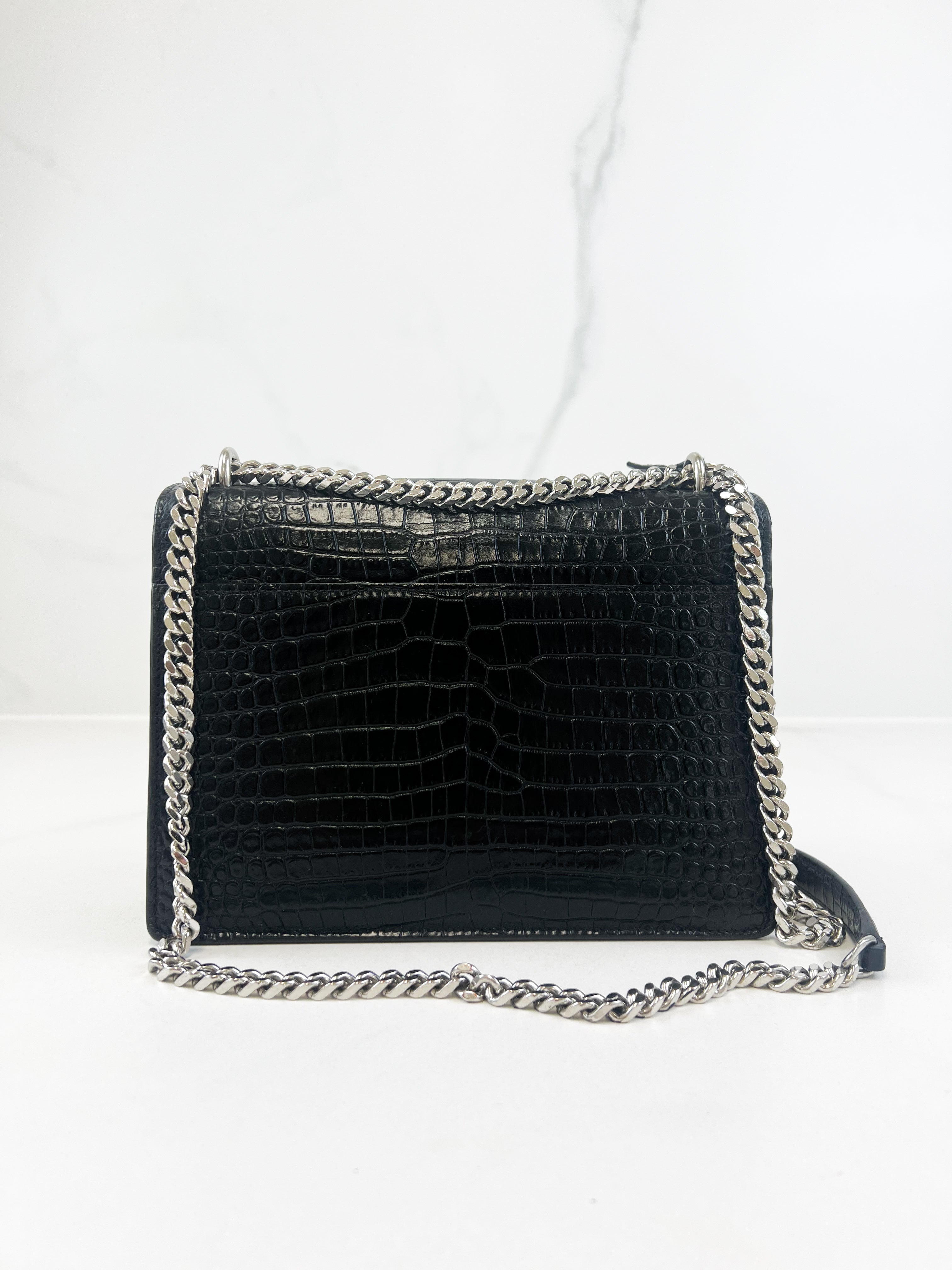 Saint Laurent Sunset Medium Black Croc Shoulder Bag with SHW