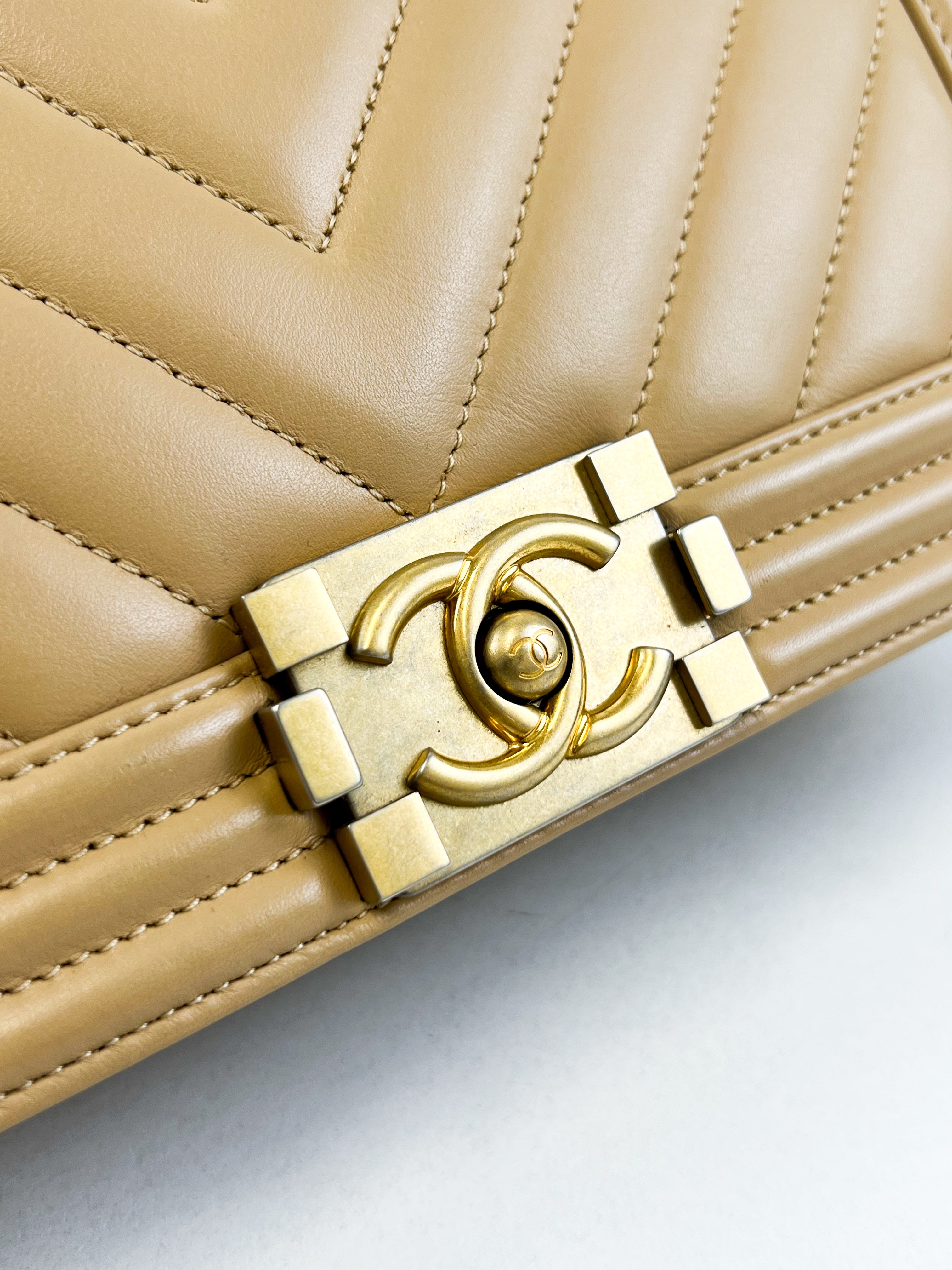 Chanel Beige Old Medium Chevron Calfskin Boy Bag with GHW