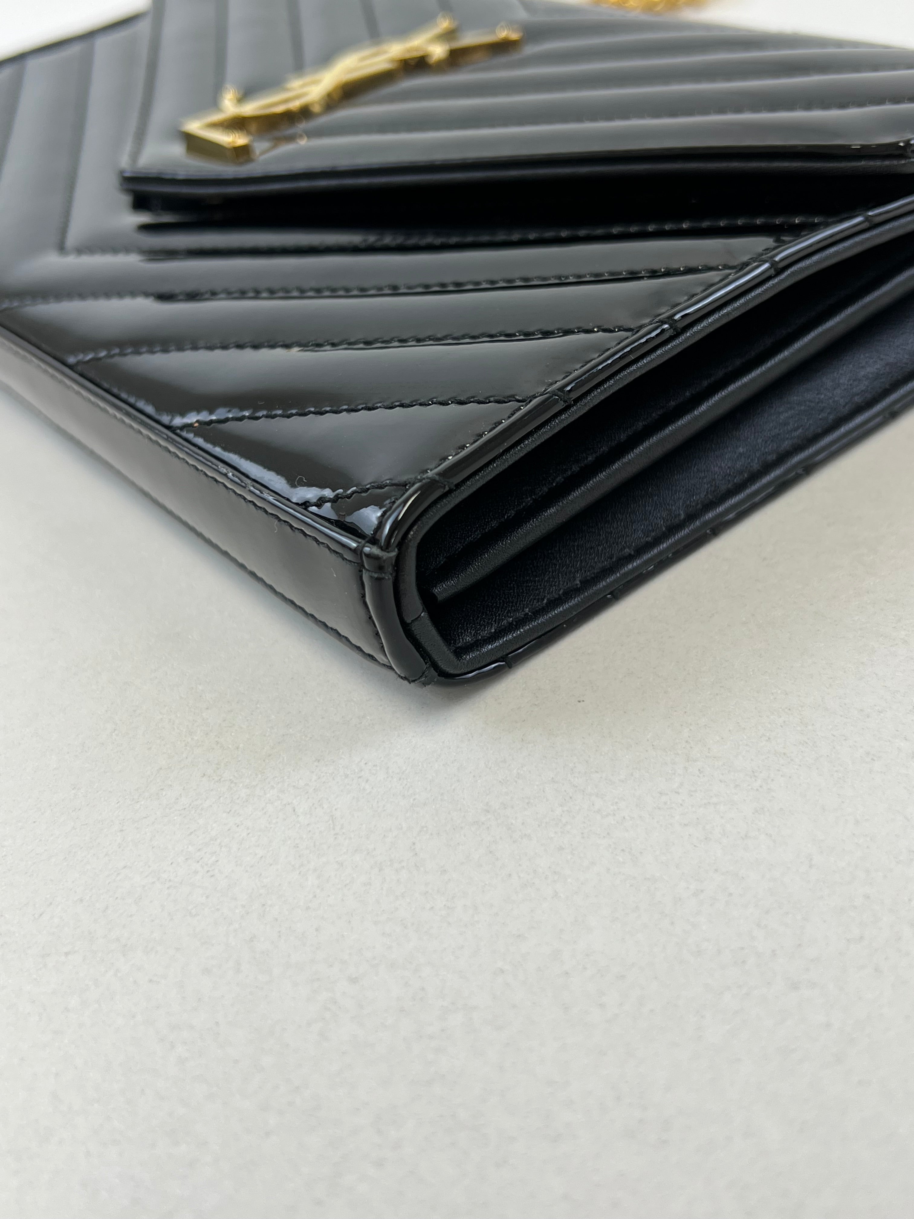 Saint Laurent Patent Black Cassandre Chain WOC with GHW