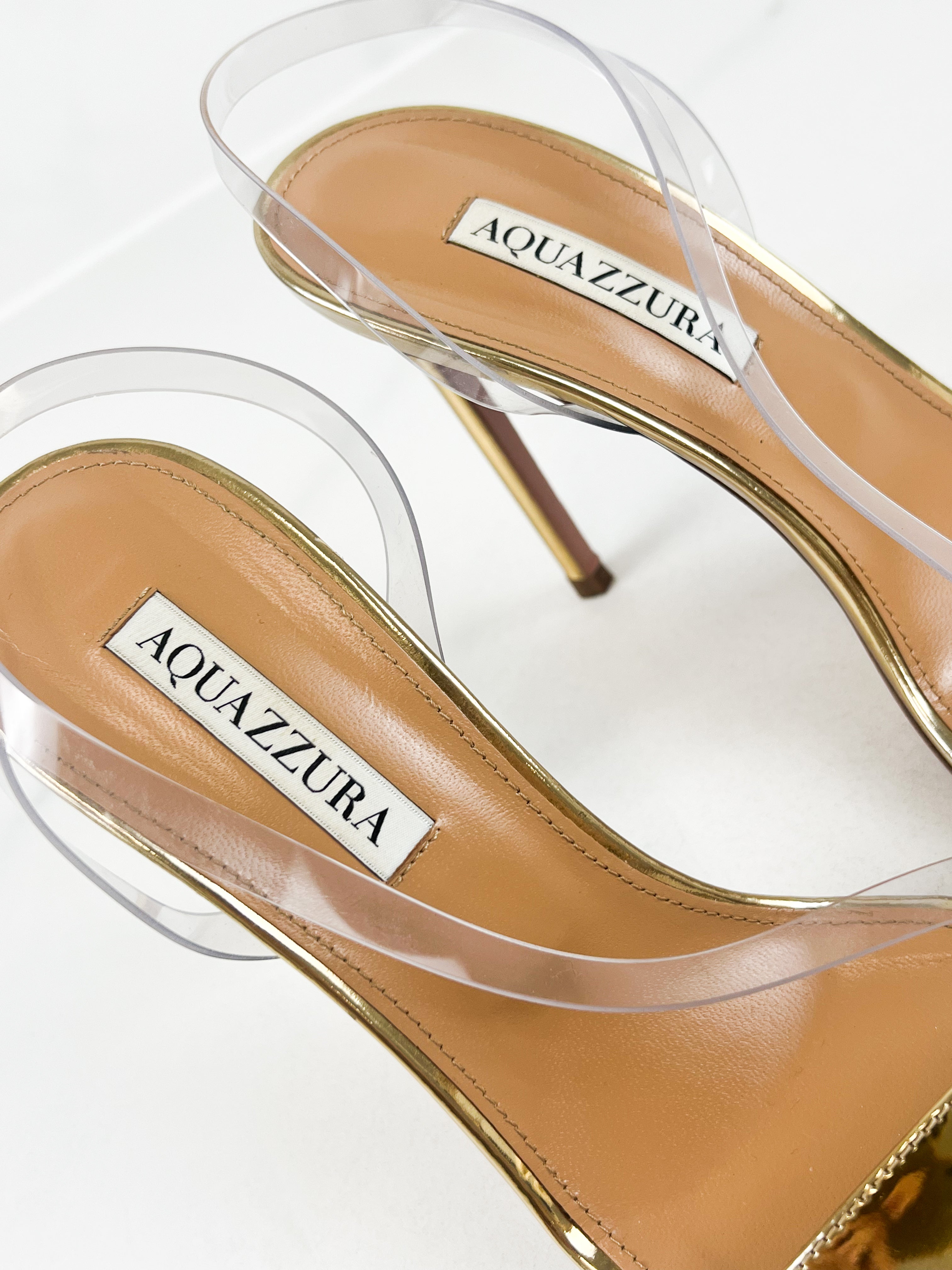 Aquazzura Kiss Sandal 105mm in PVC & Gold Size 38