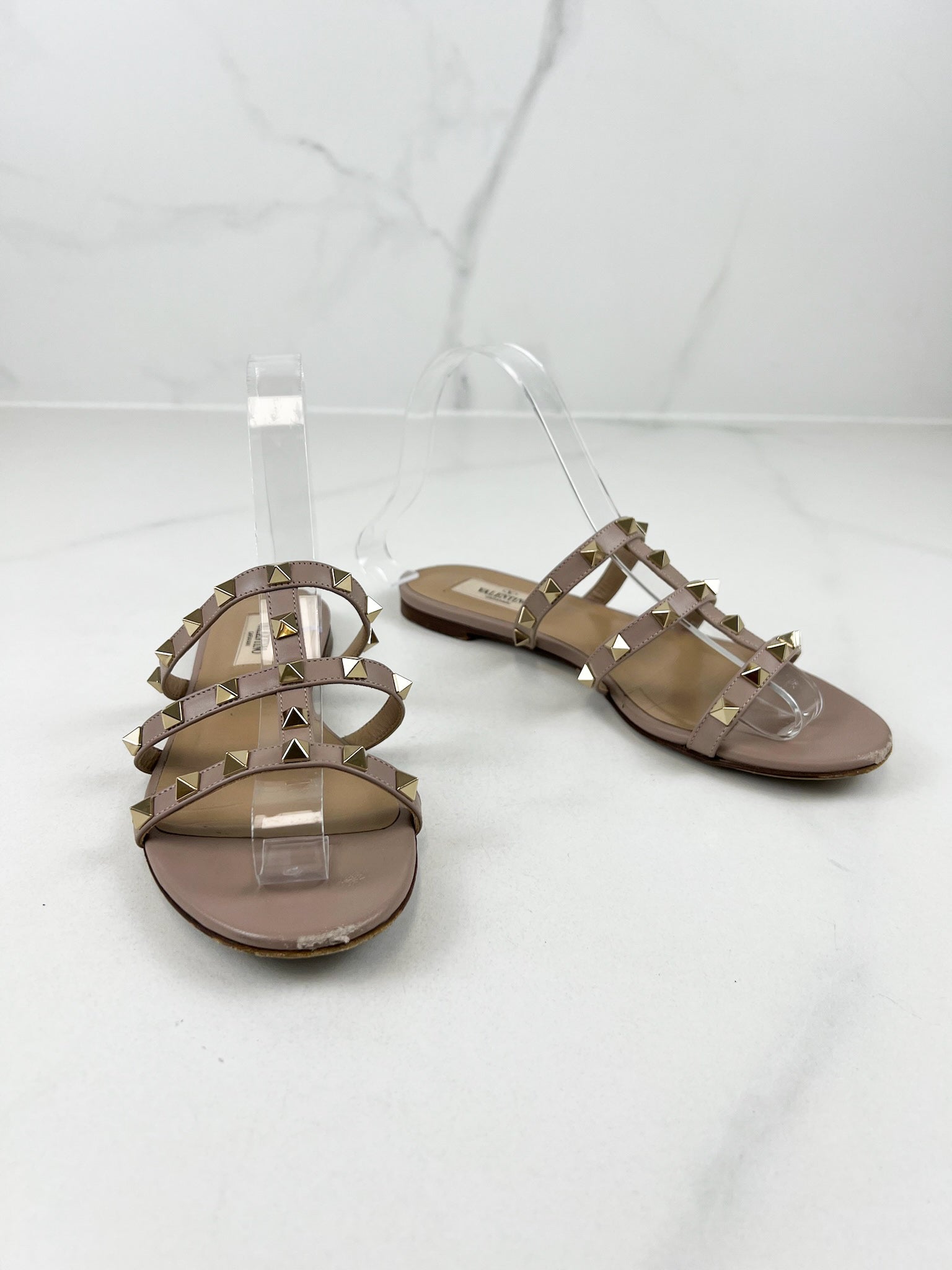 Valentino Garavani Caged Beige Rockstud Slides Size 36.5