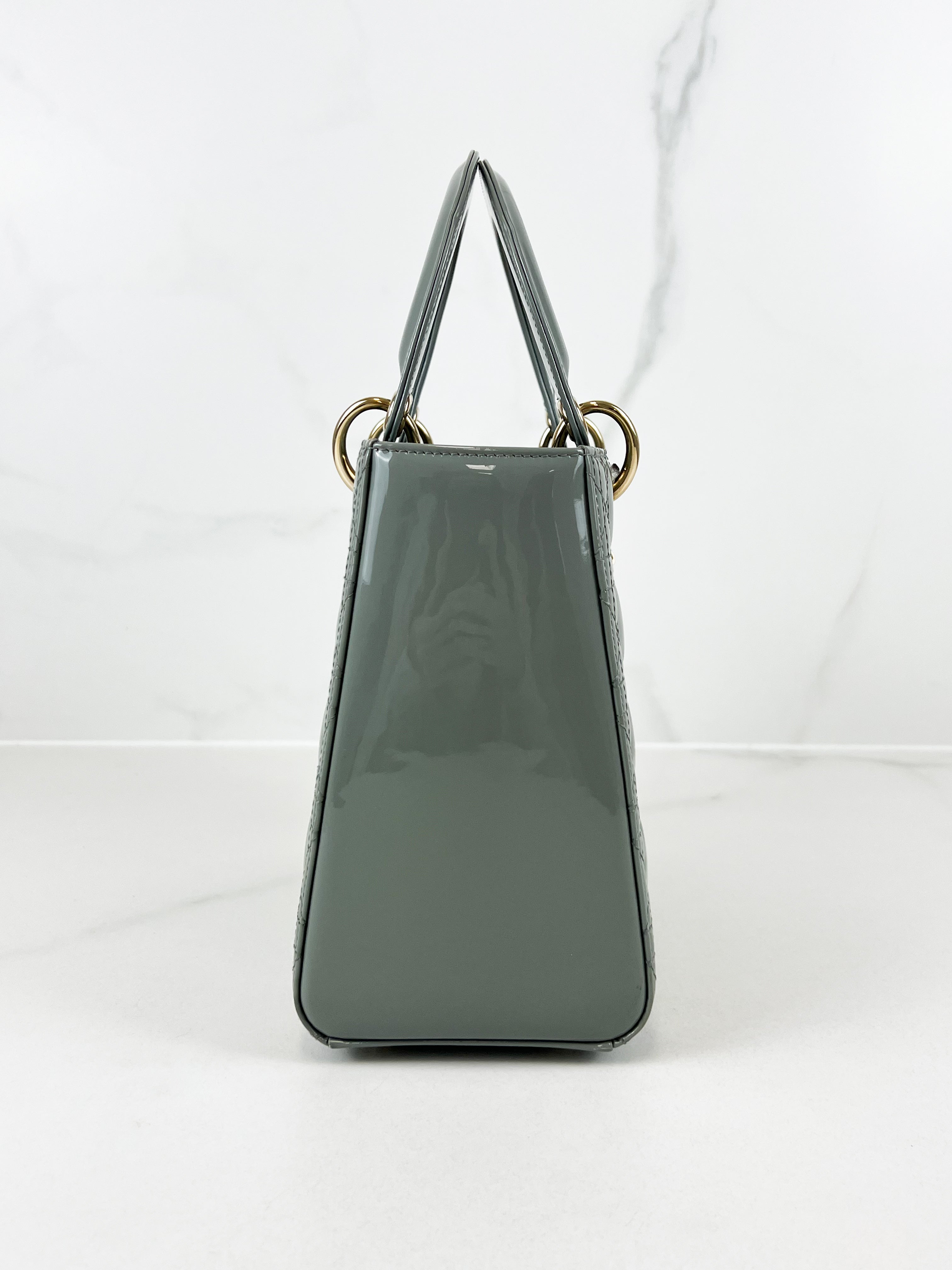 Christian Dior Medium Lady Dior In Grey Patent with GHW
