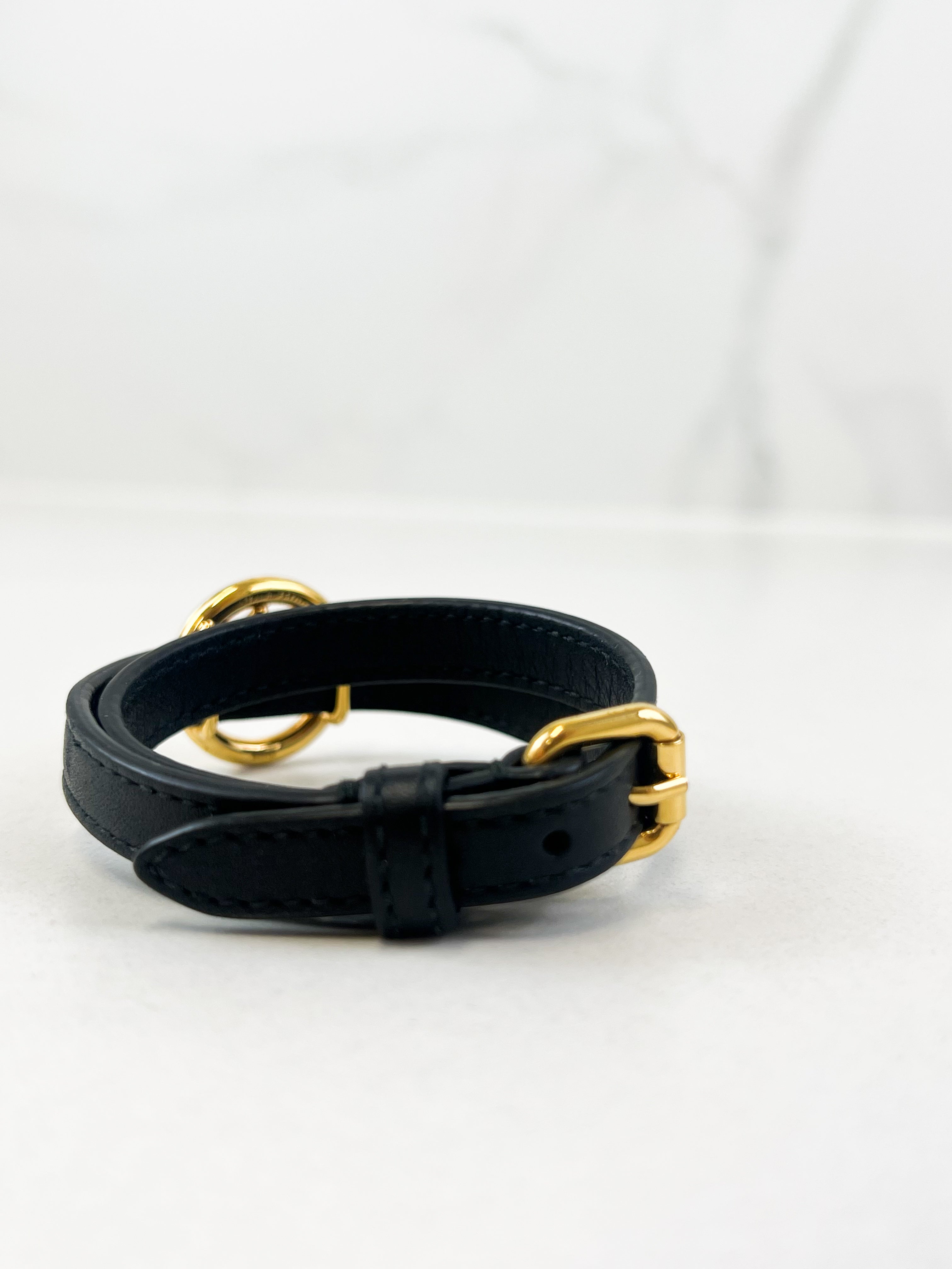 Fendi F Logo Leather Wrap-around Bracelet in Black with GHW