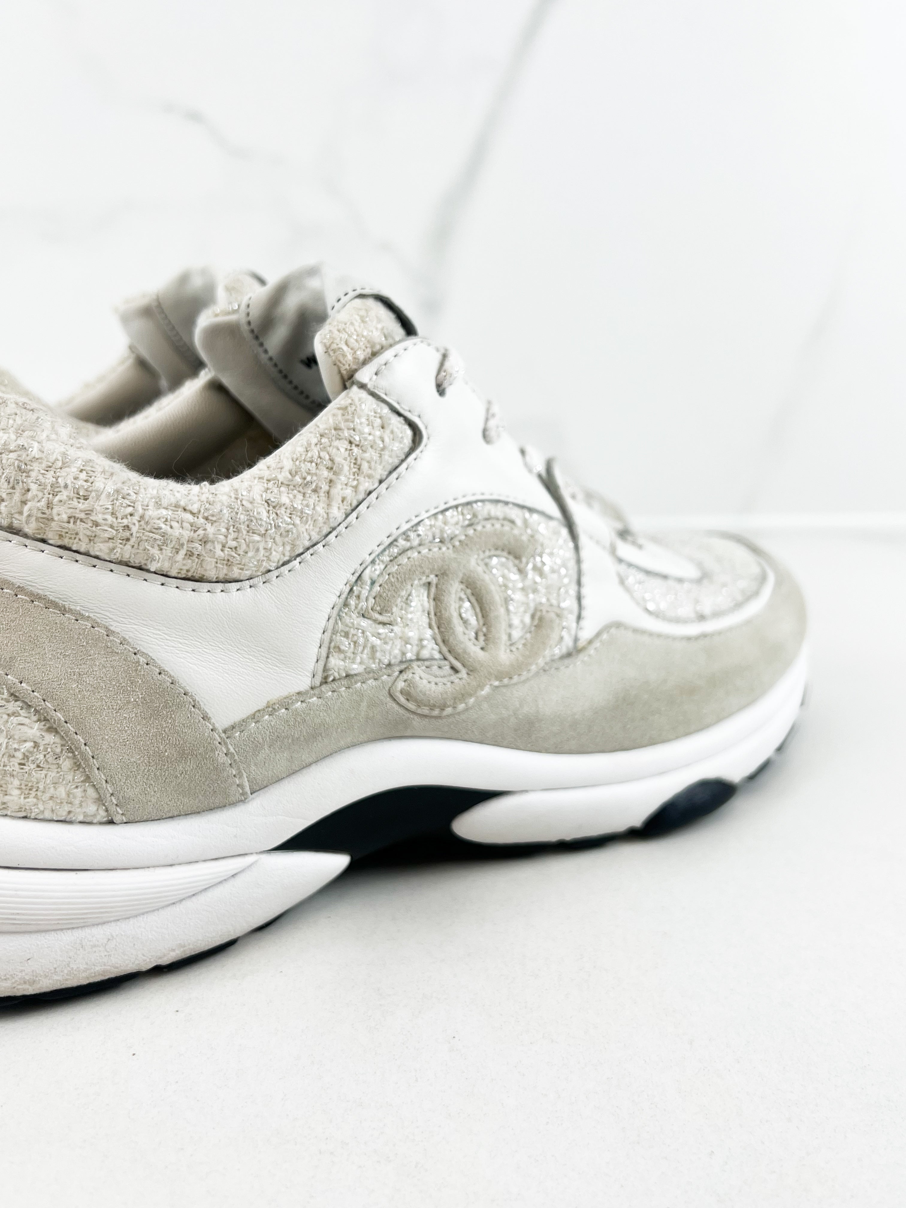 Chanel Painted Iridescent Cotton Tweed Suede CC Sneakers Size 40