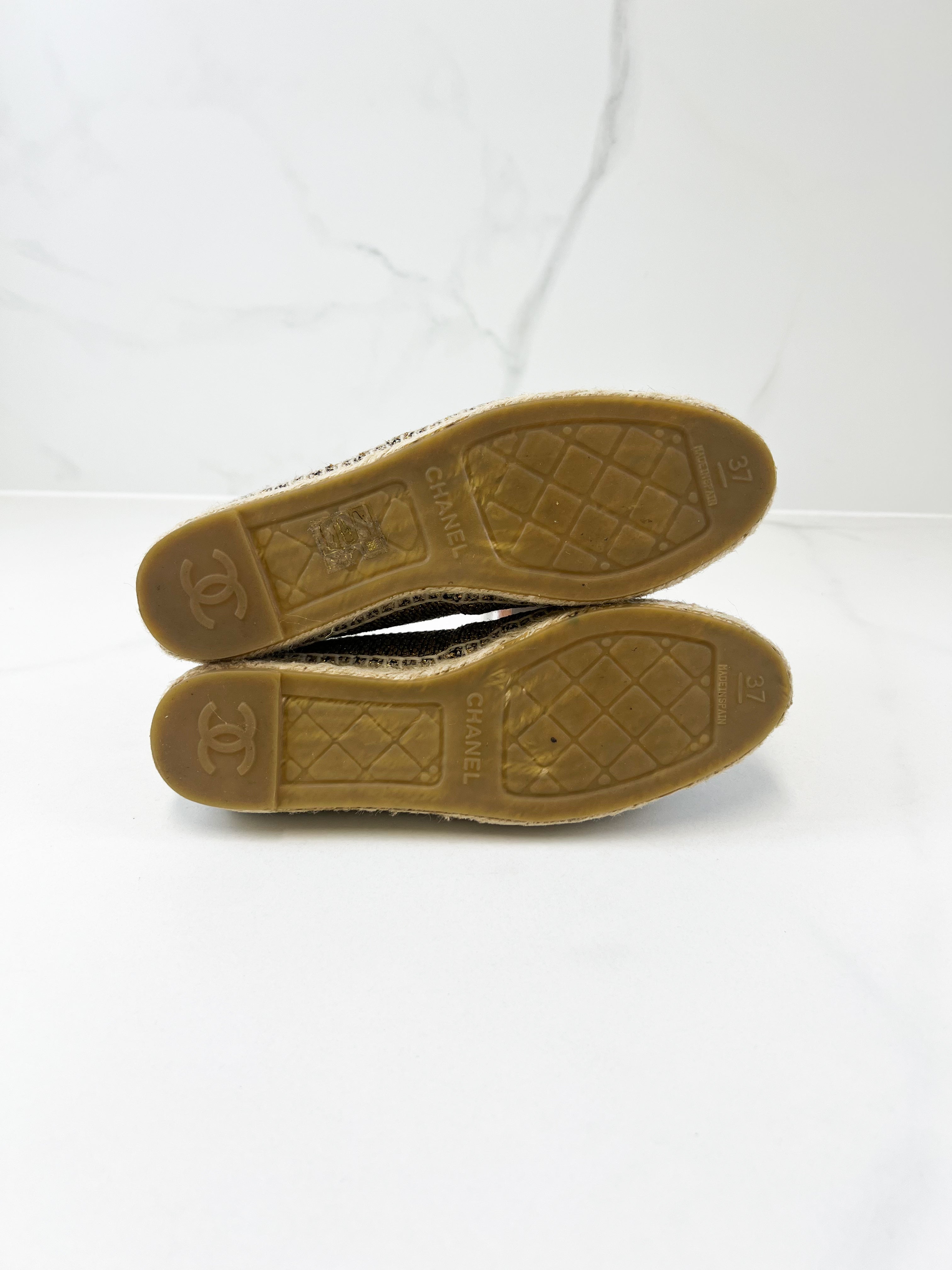Chanel CC Gold & Black Fabric Espadrille Size 37