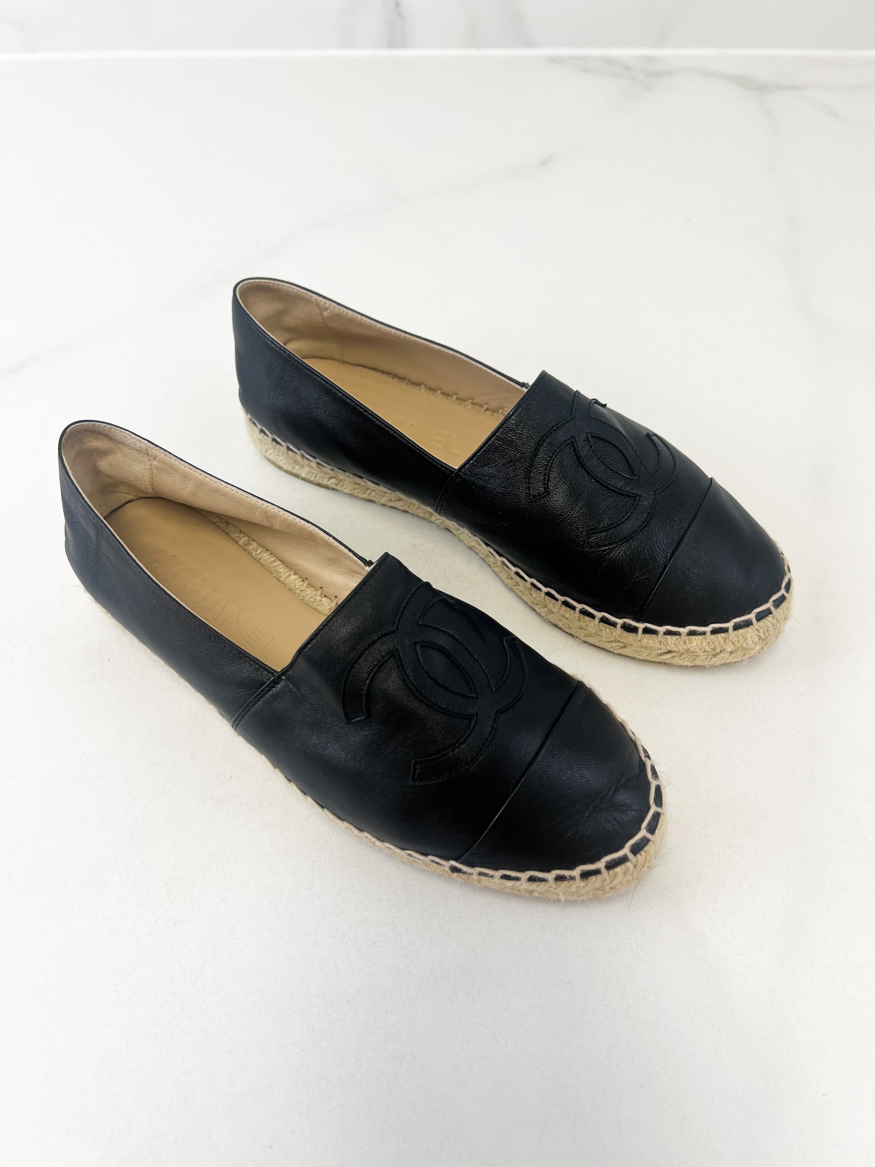 Chanel CC Logo Black Leather Espadrilles Size 37