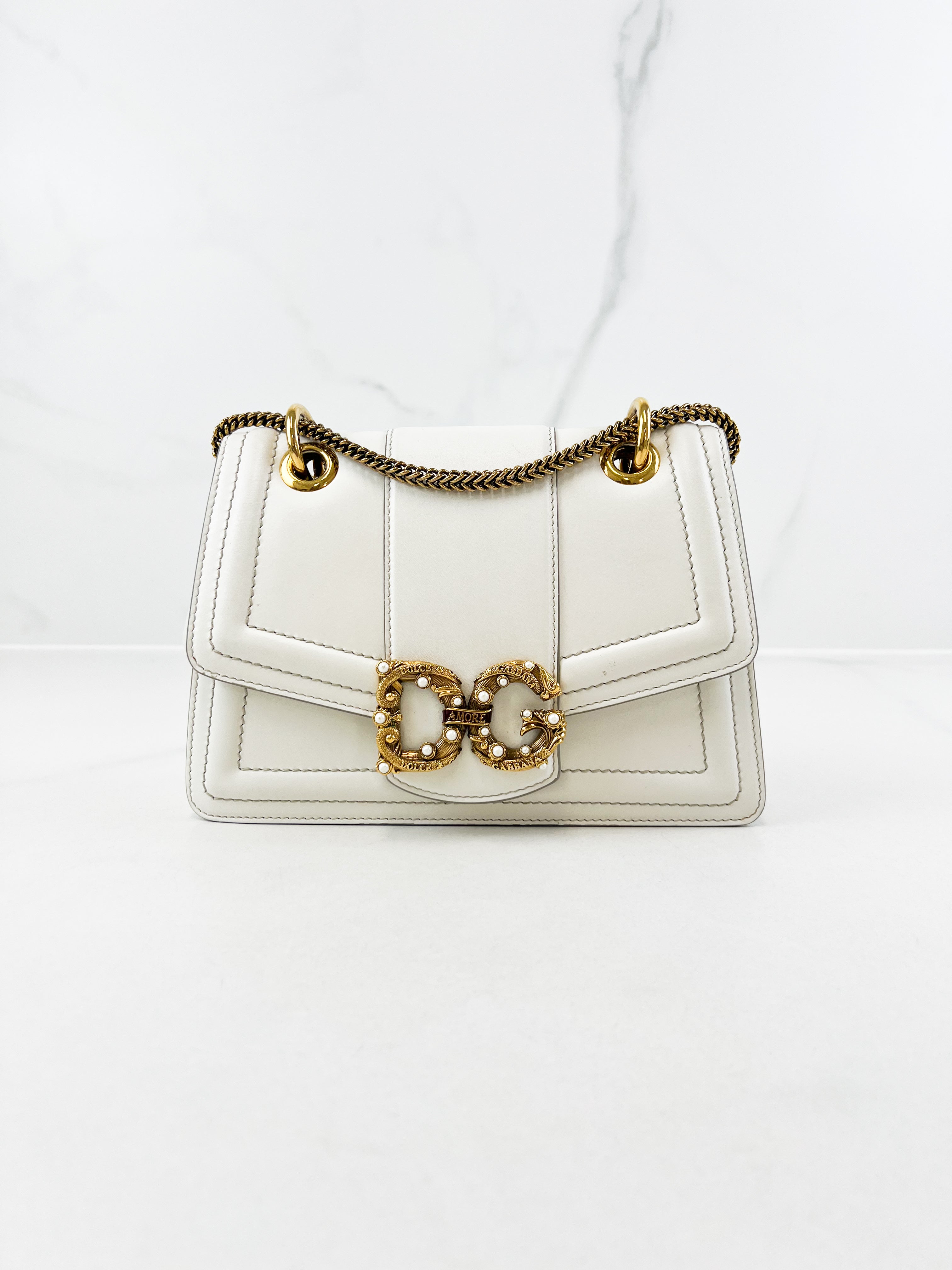Dolce & Gabbana Amore Chain Shoulder Bag in White with GHW