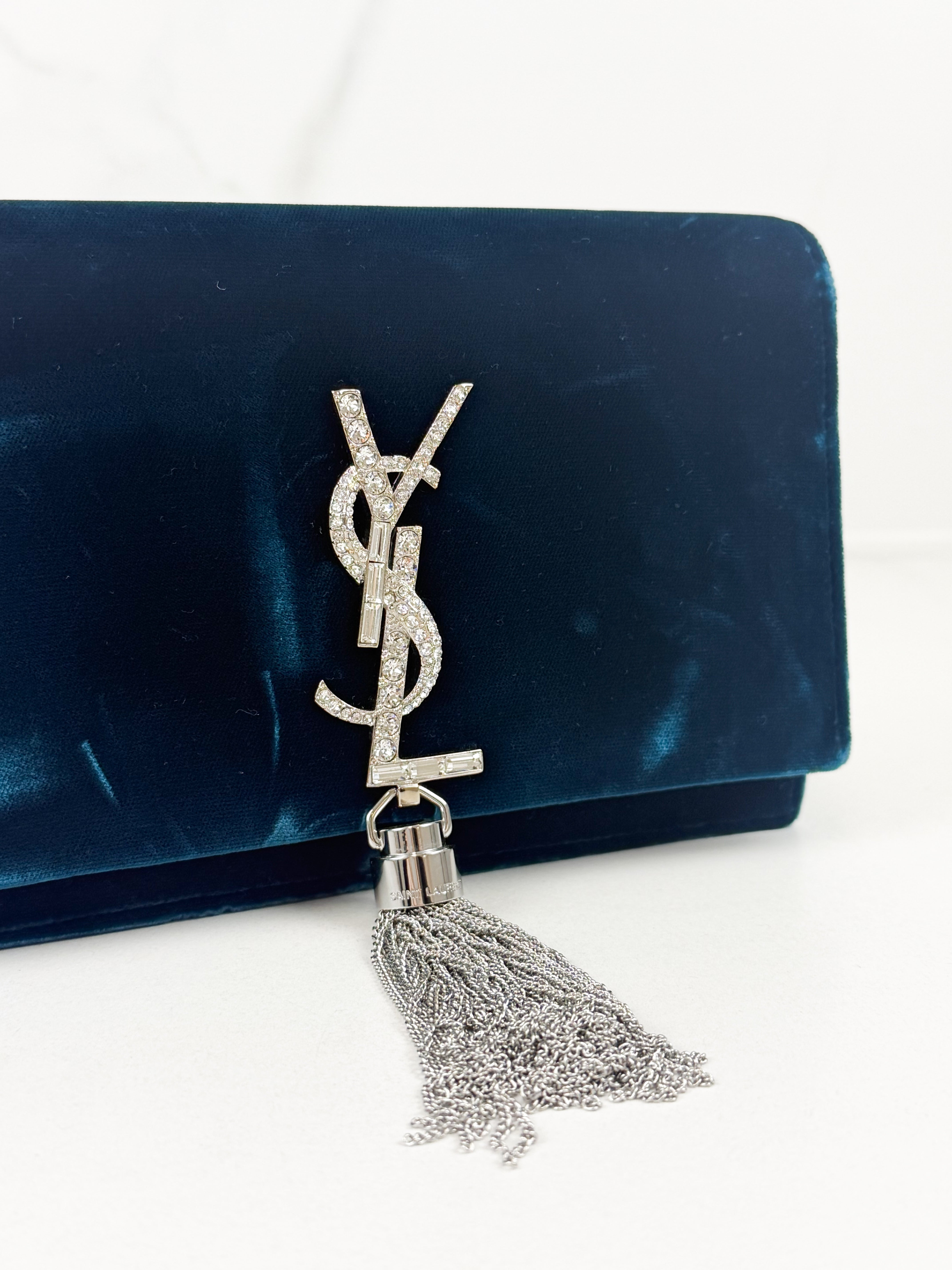 Saint Laurent Velvet Crystal Monogram Kate Tassel Chain Wallet in Blue