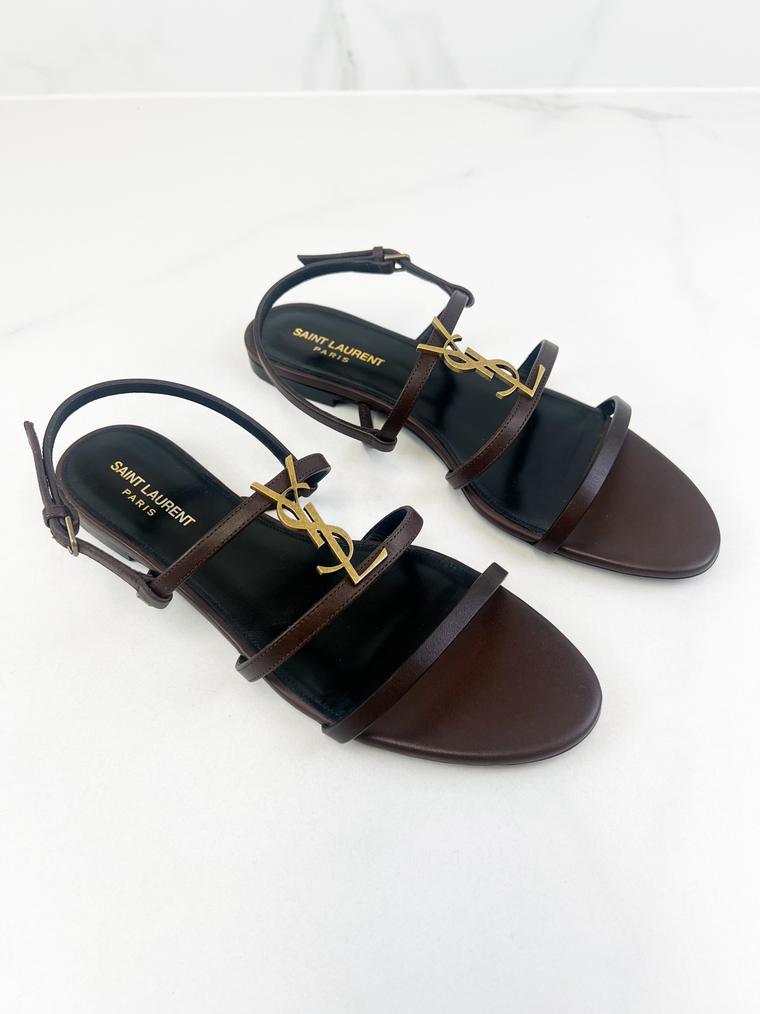 Saint Laurent Cassandra Flat Sandal in Chocolate Patent Leather Size 41