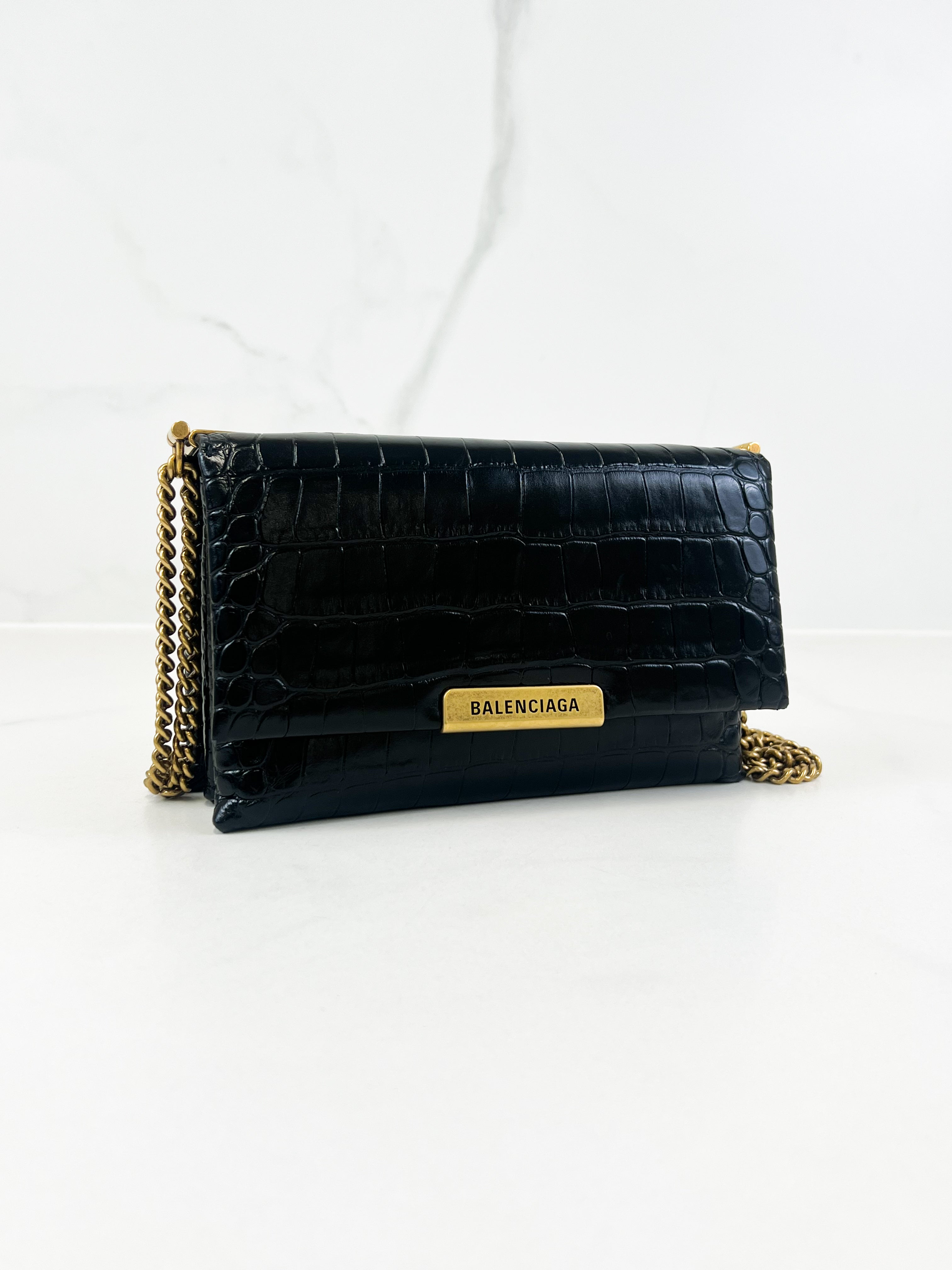 Balenciaga Triplet Croc Embossed Leather Shoulder Bag