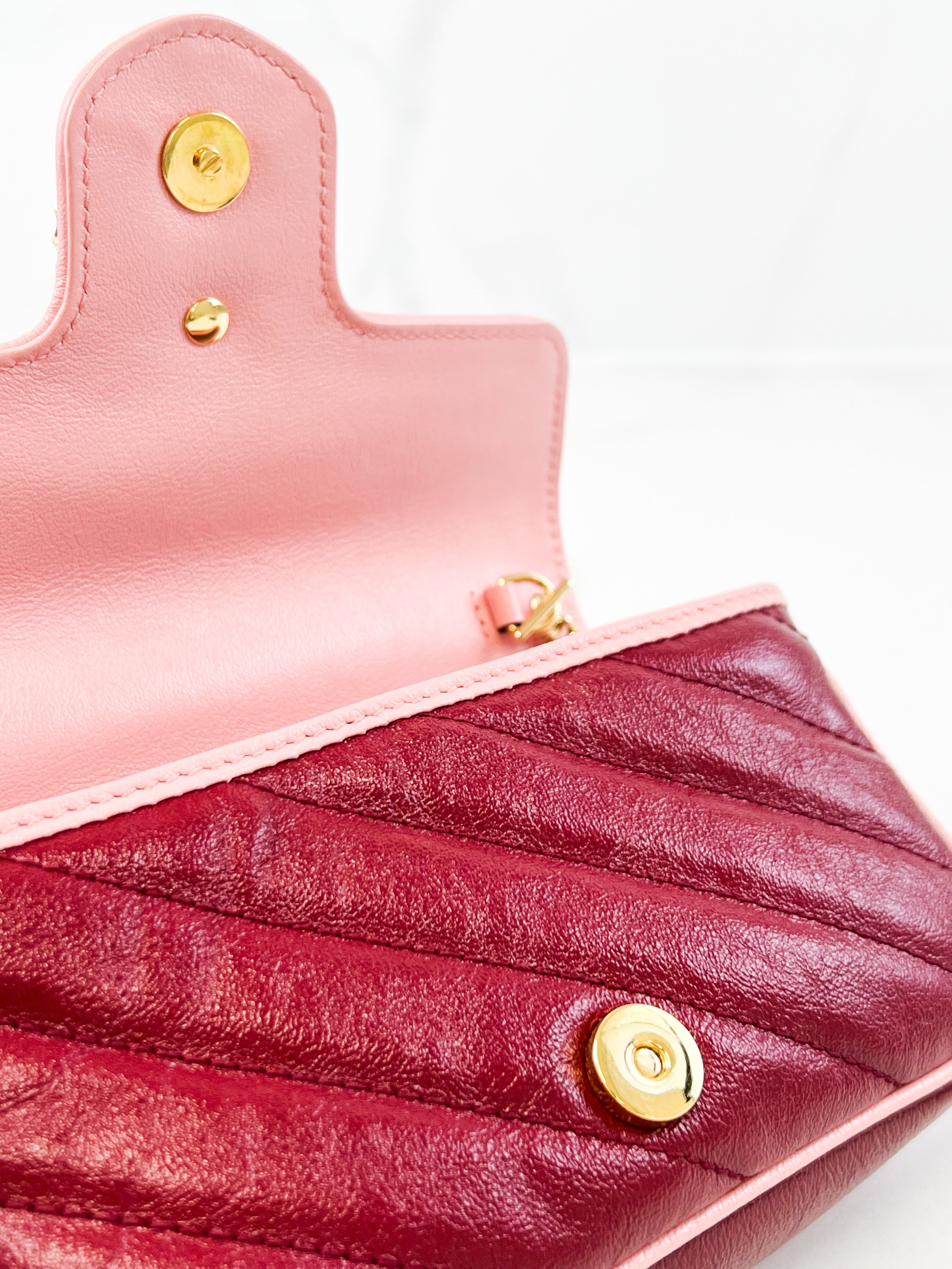 Gucci Super Mini Marmont in Red/Burgundy Matelassé Leather with Light Pink Piping
