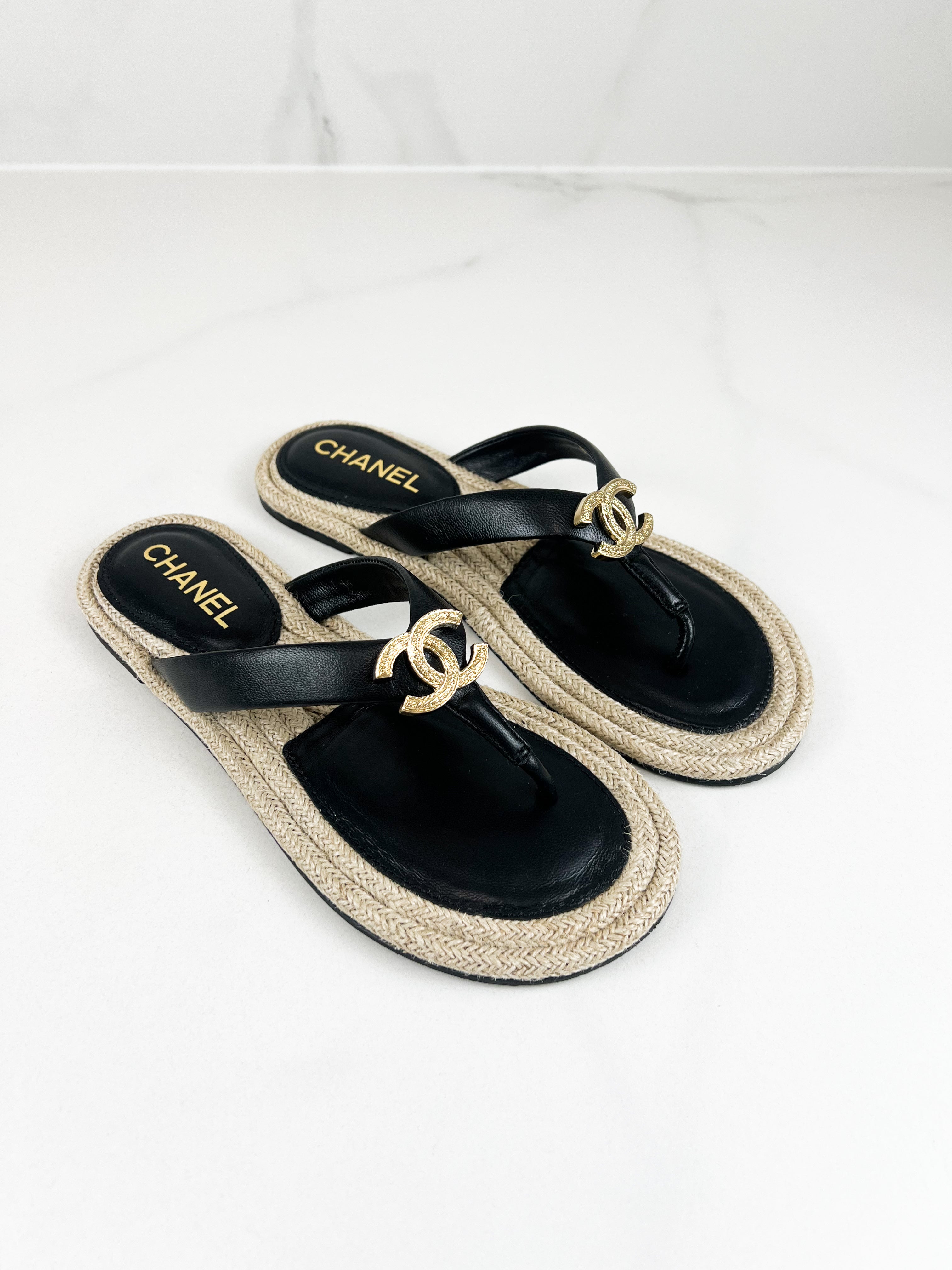 Chanel Black Raffia Thong Sandal with CC Logo GHW Size 39
