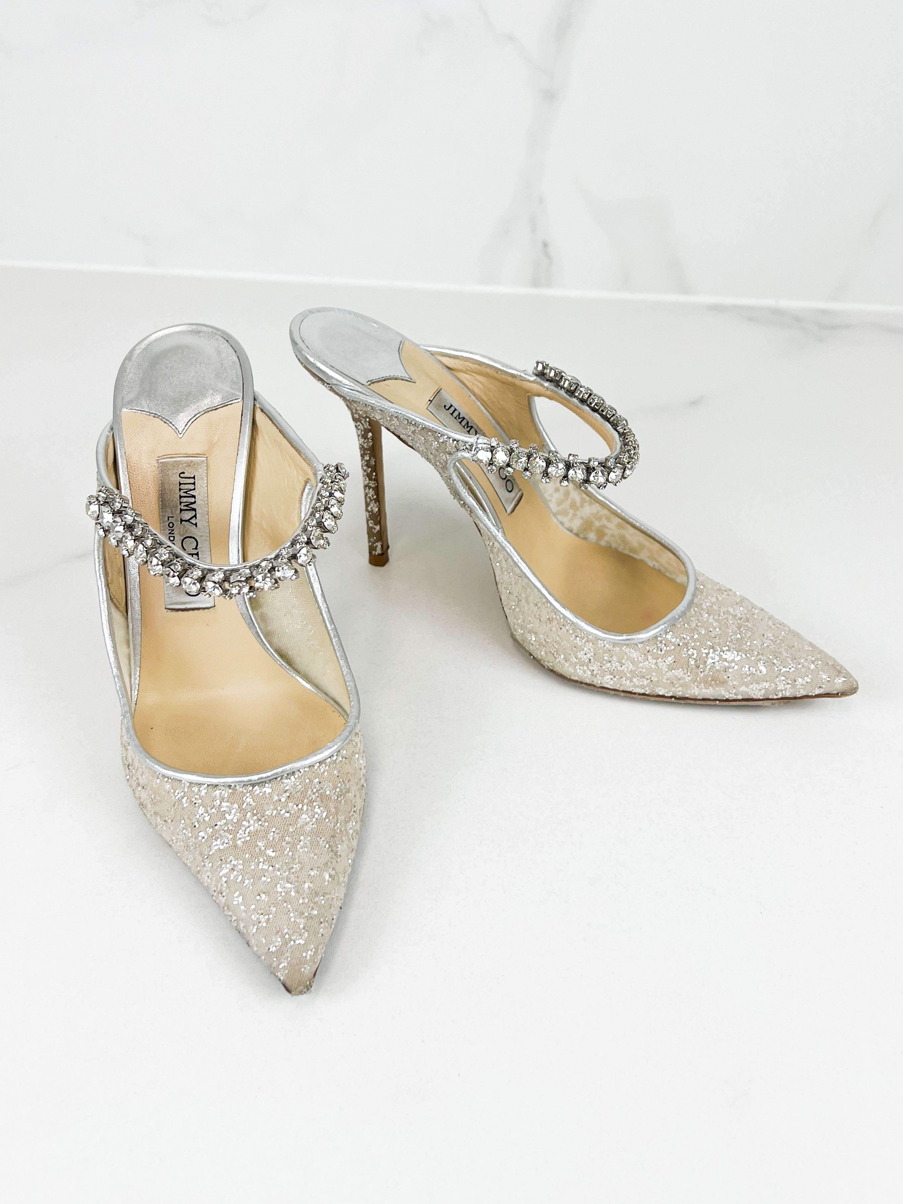 Jimmy Choo Bing Silver Glitter Fabric Mule Size 39