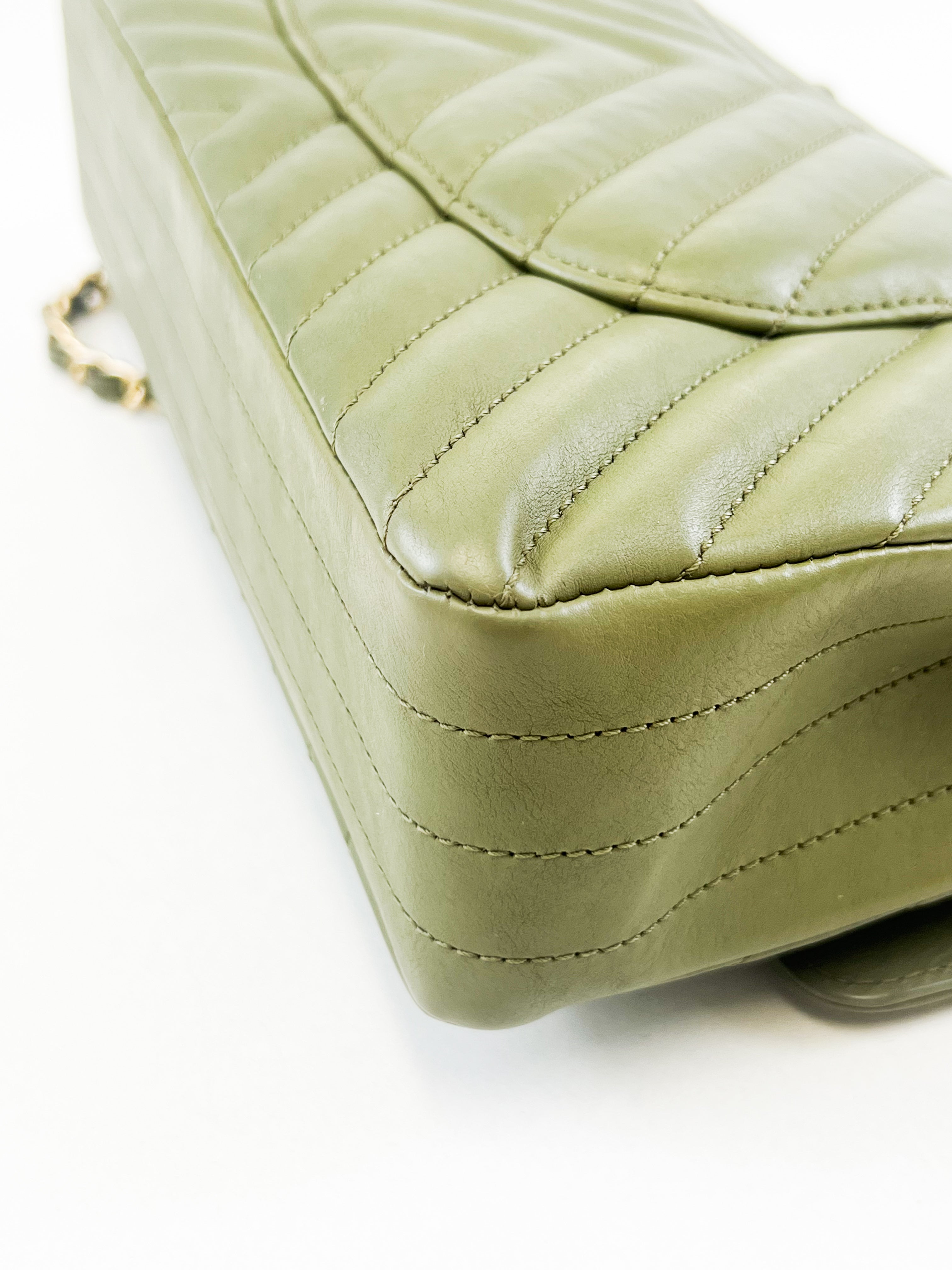 Chanel CC Medium Calfskin Olive Green Classic Double Flap Shoulder Bag GHW