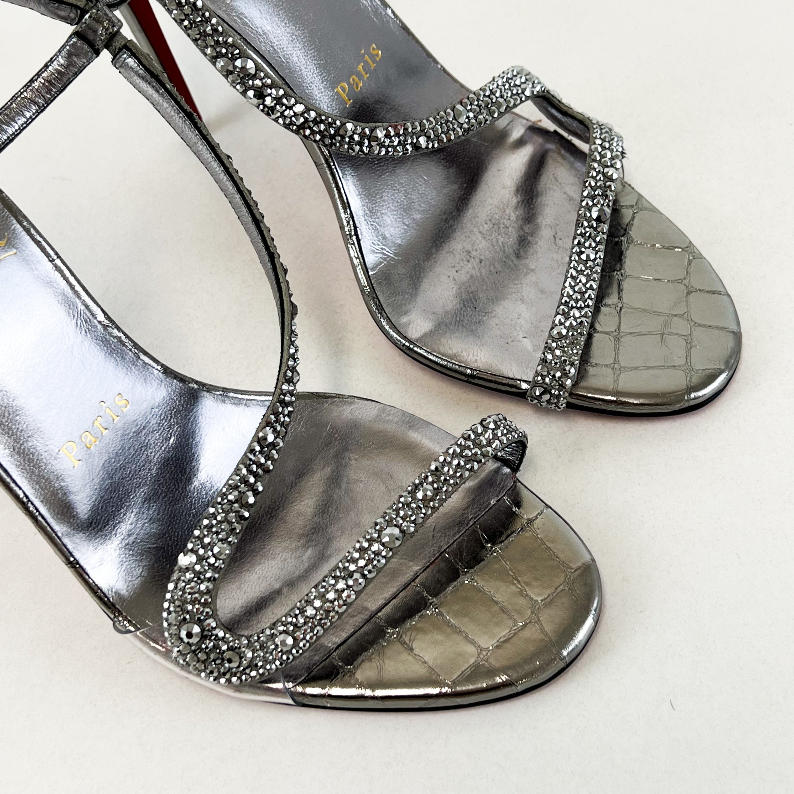 Christian Louboutin Rosalie 100mm Silver Swarovski Size 37.5