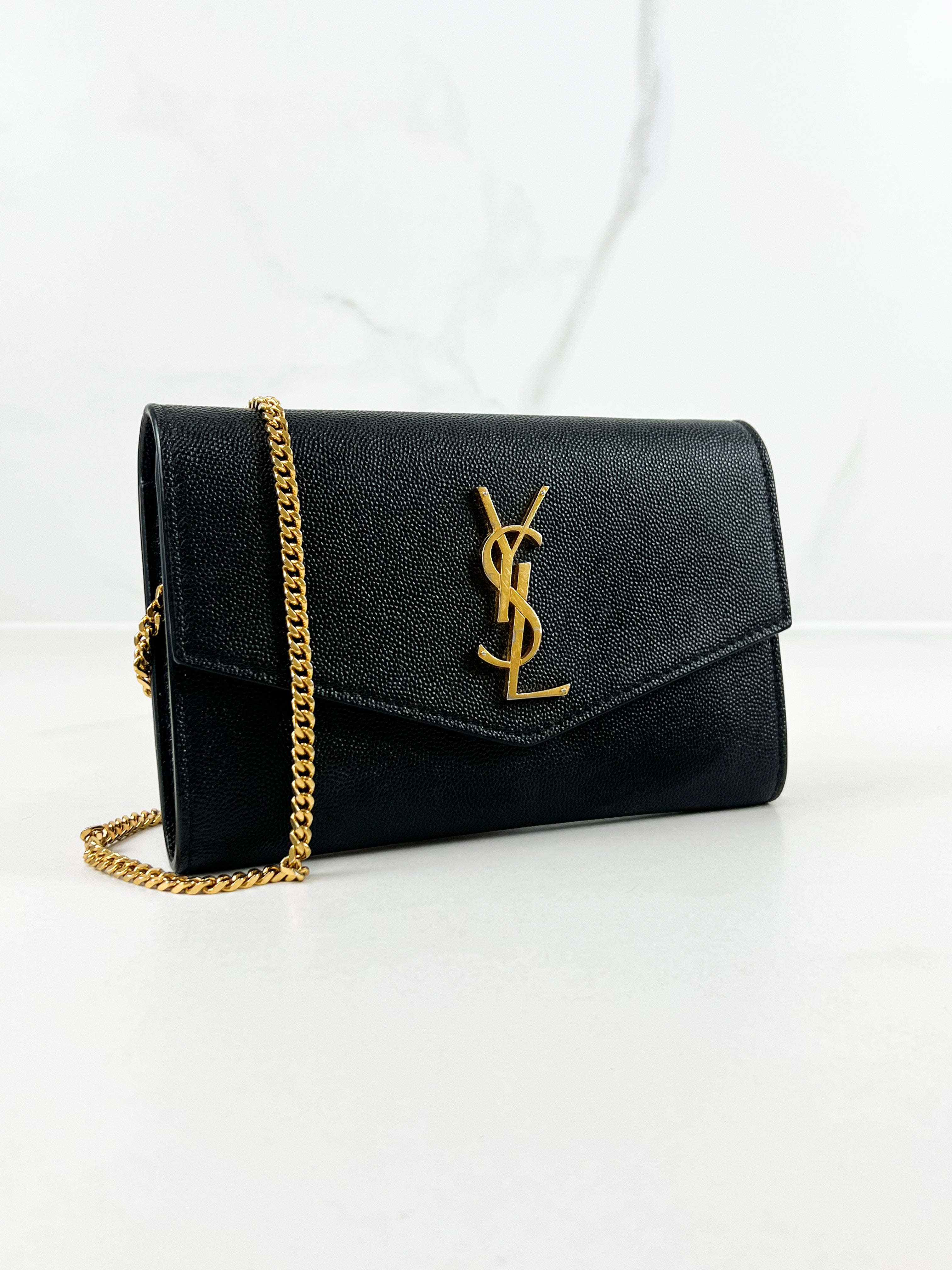 Saint Laurent Black Grained Leather Envelope Wallet on Chain with GHW