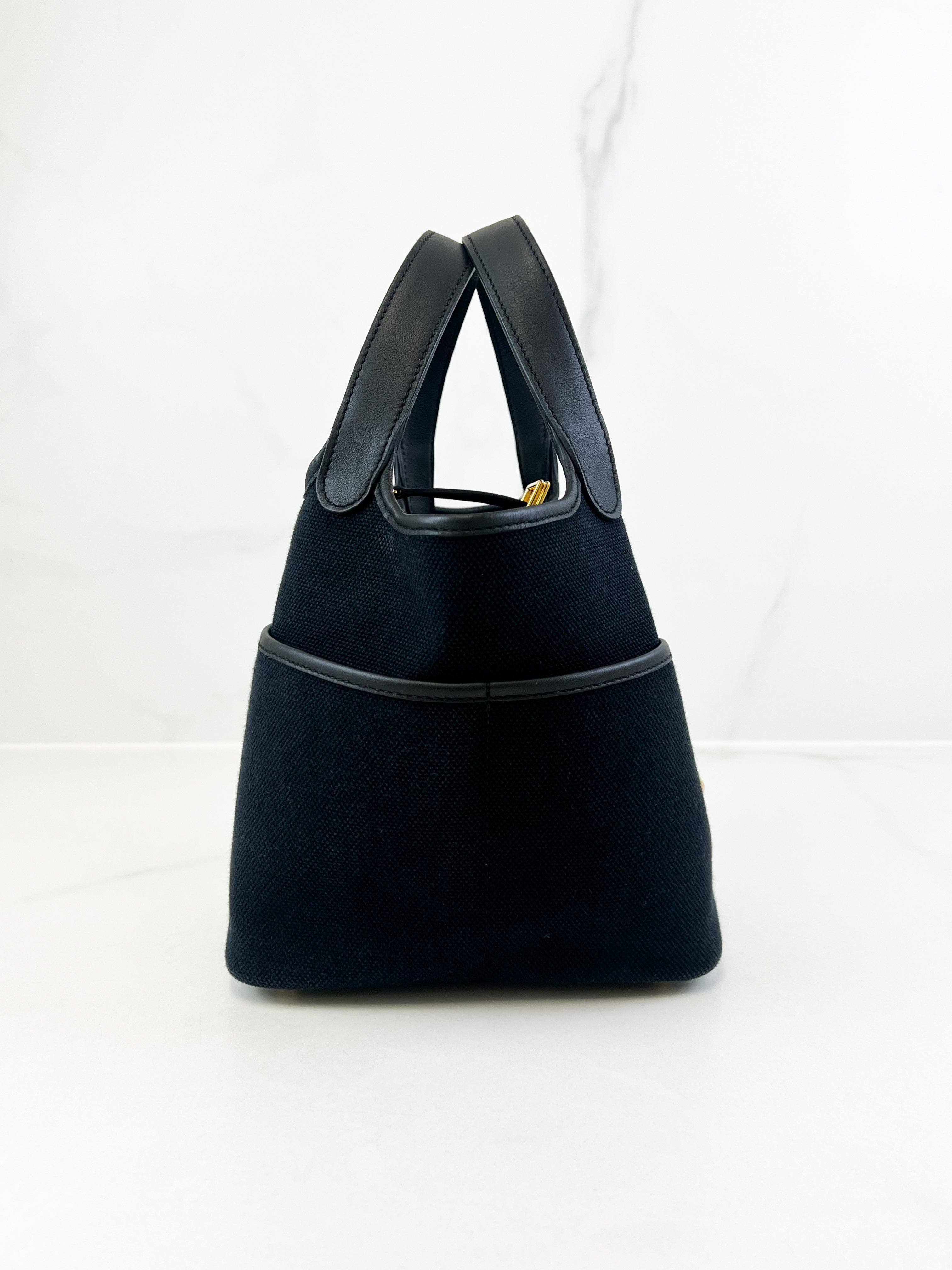 Hermes Picotin Lock 18 Pockets Bag in Black Canvas and Swift Leather