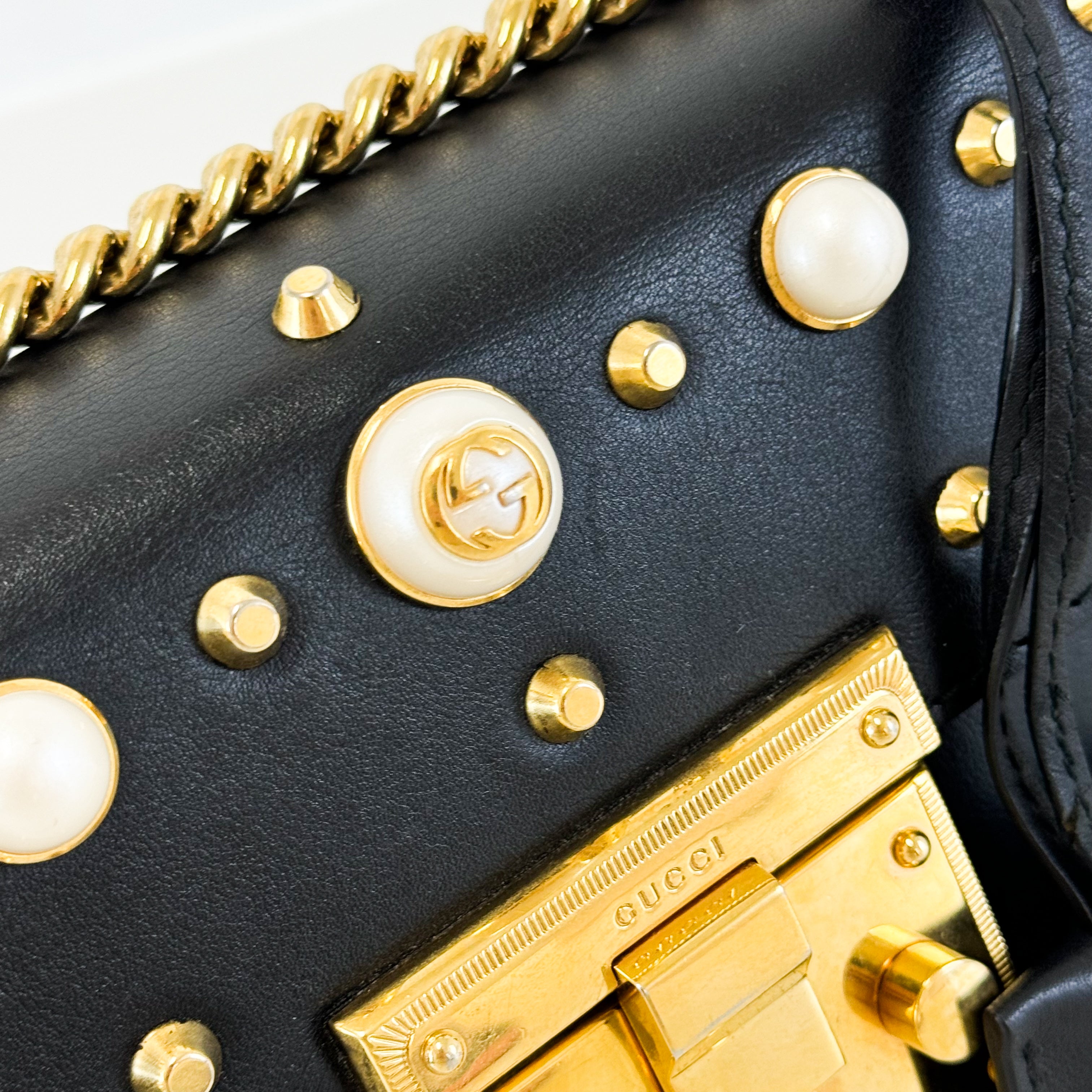 Gucci GG Black Pearl Stud Padlock Shoulder Bag