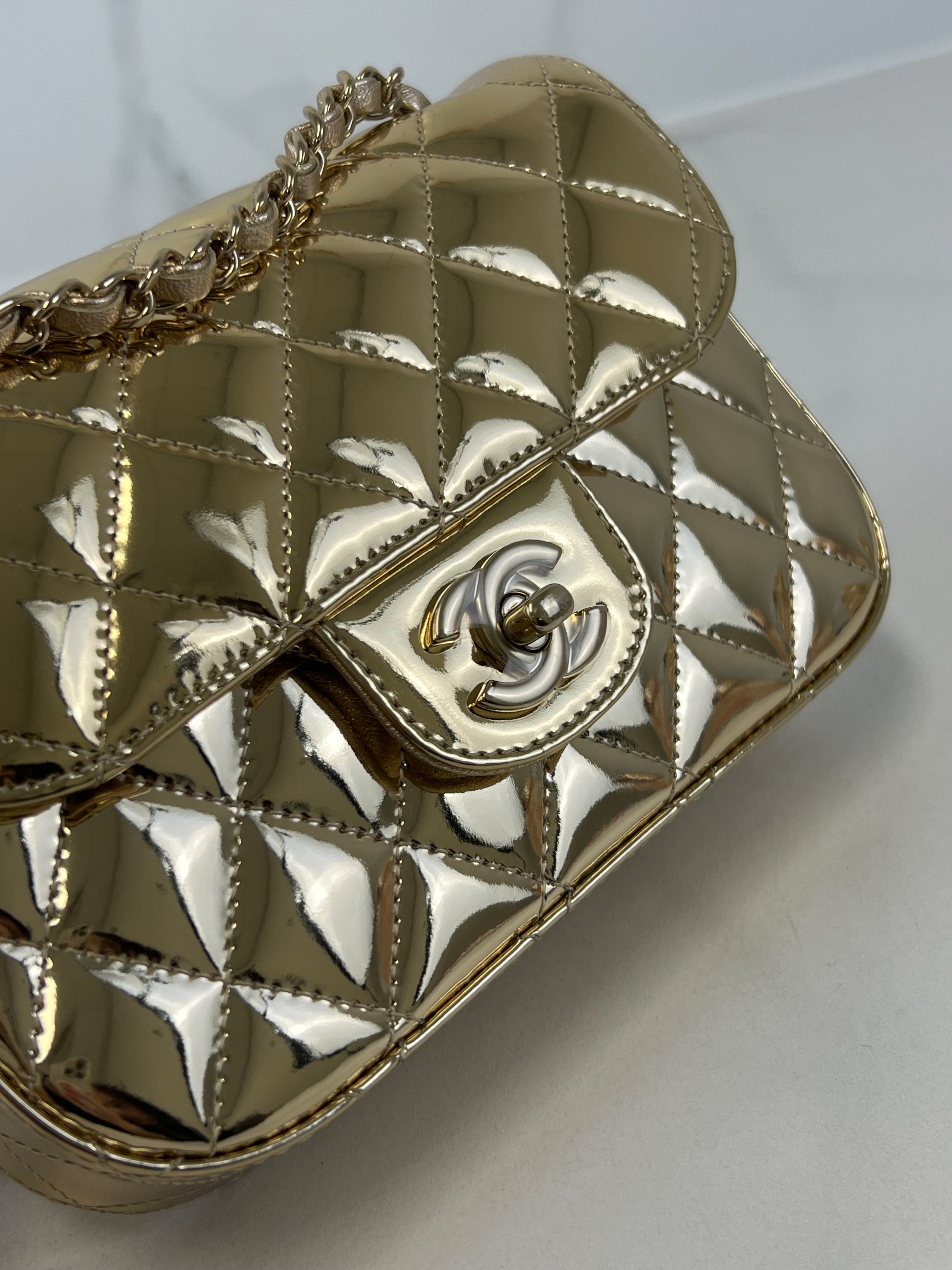 Chanel Patent Mini Square in Gold with GHW