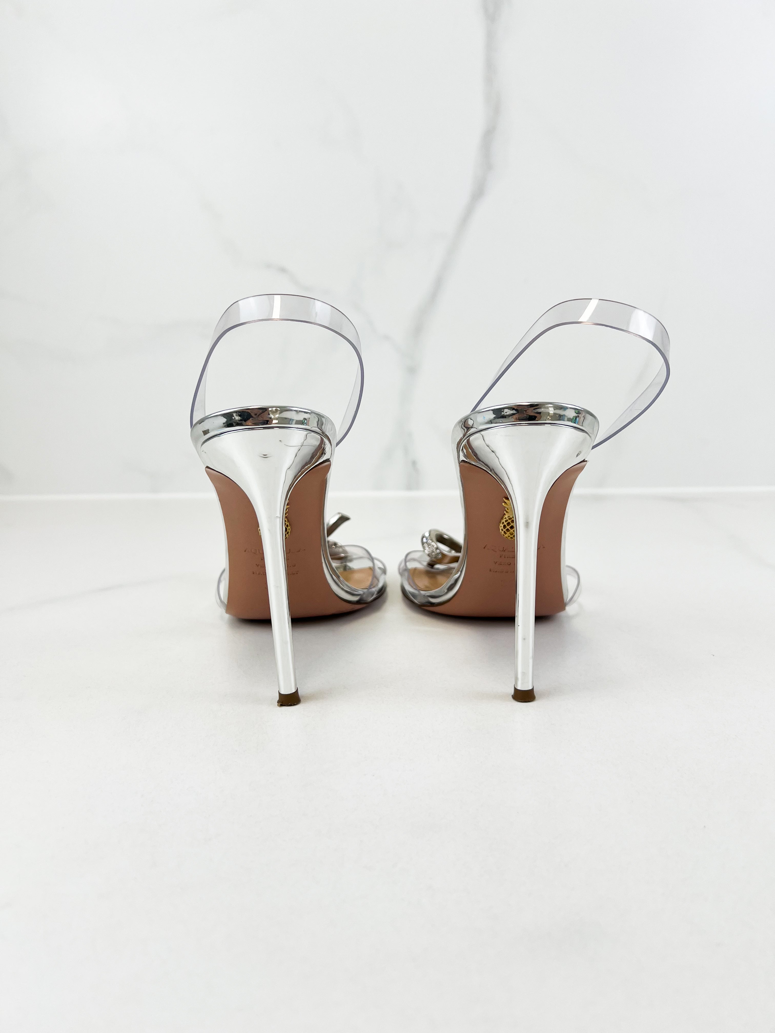Aquazzura 105 Plexi Crystal Bow Slingback Heeled Sandals Size 39.5