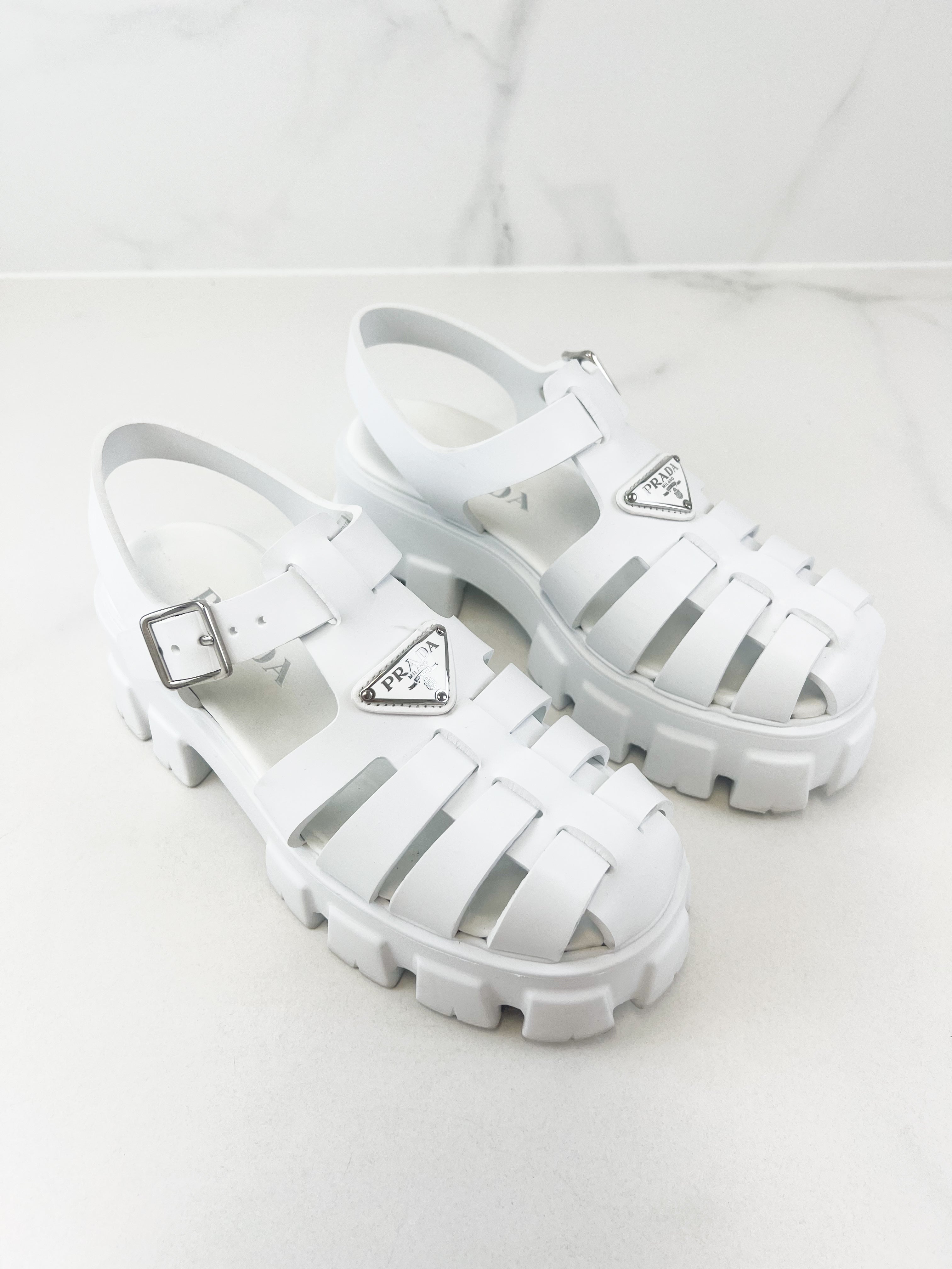 Prada White Logo Rubber Monolith Sandals in Size 38
