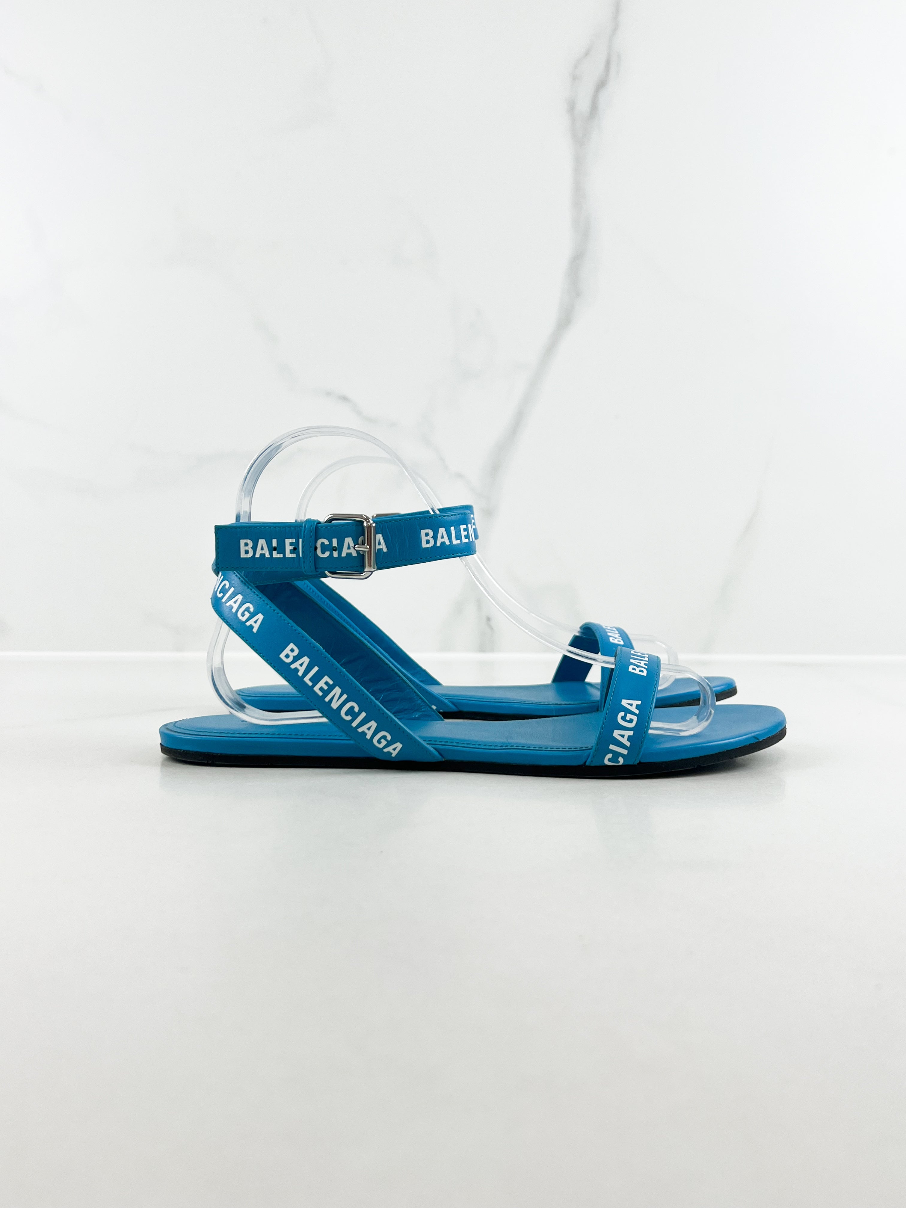 Balenciaga Blue Leather Flat Strap Slides Size 39