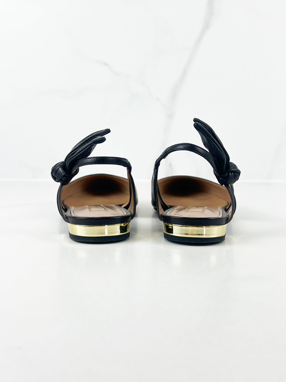 Aquazzura Bow Tie Ballet Flat in Black Leather Size 37