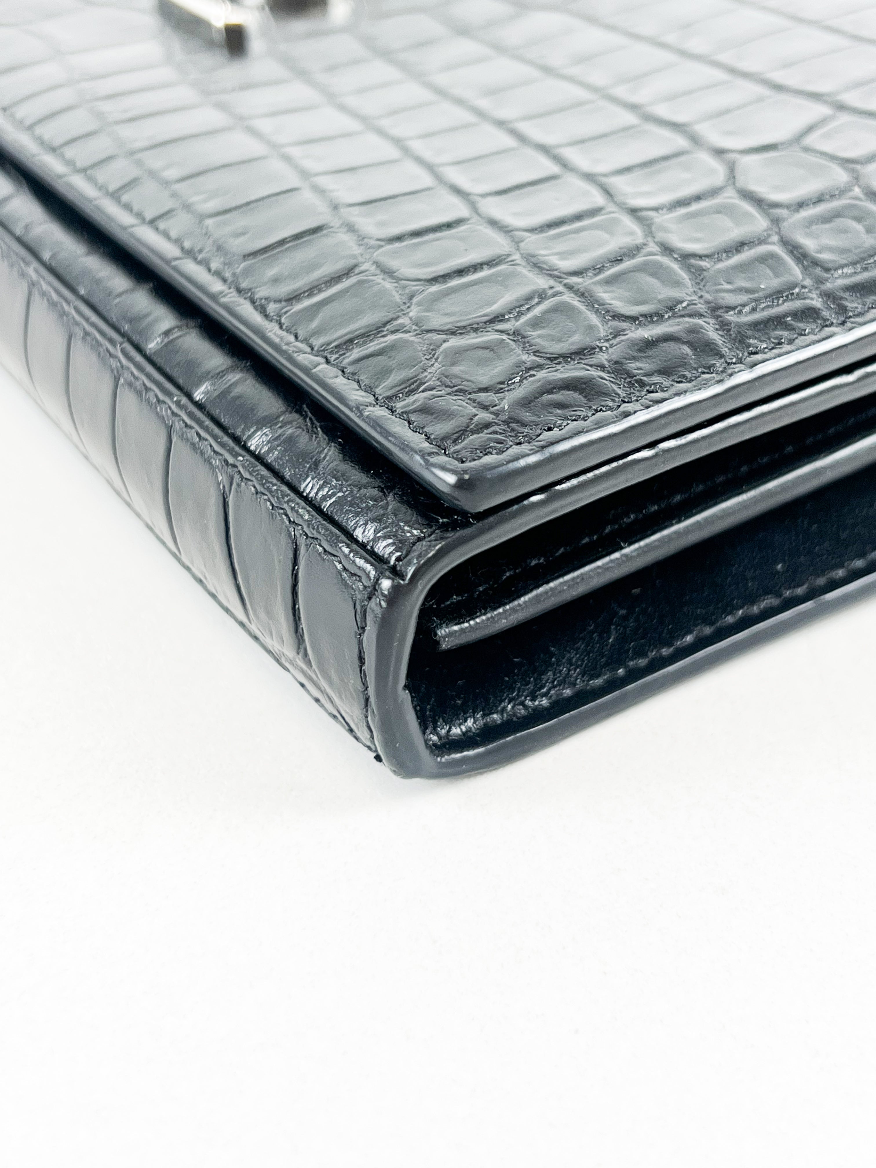 Saint Laurent Black Kate Chain Bag in Embossed Croc Leather